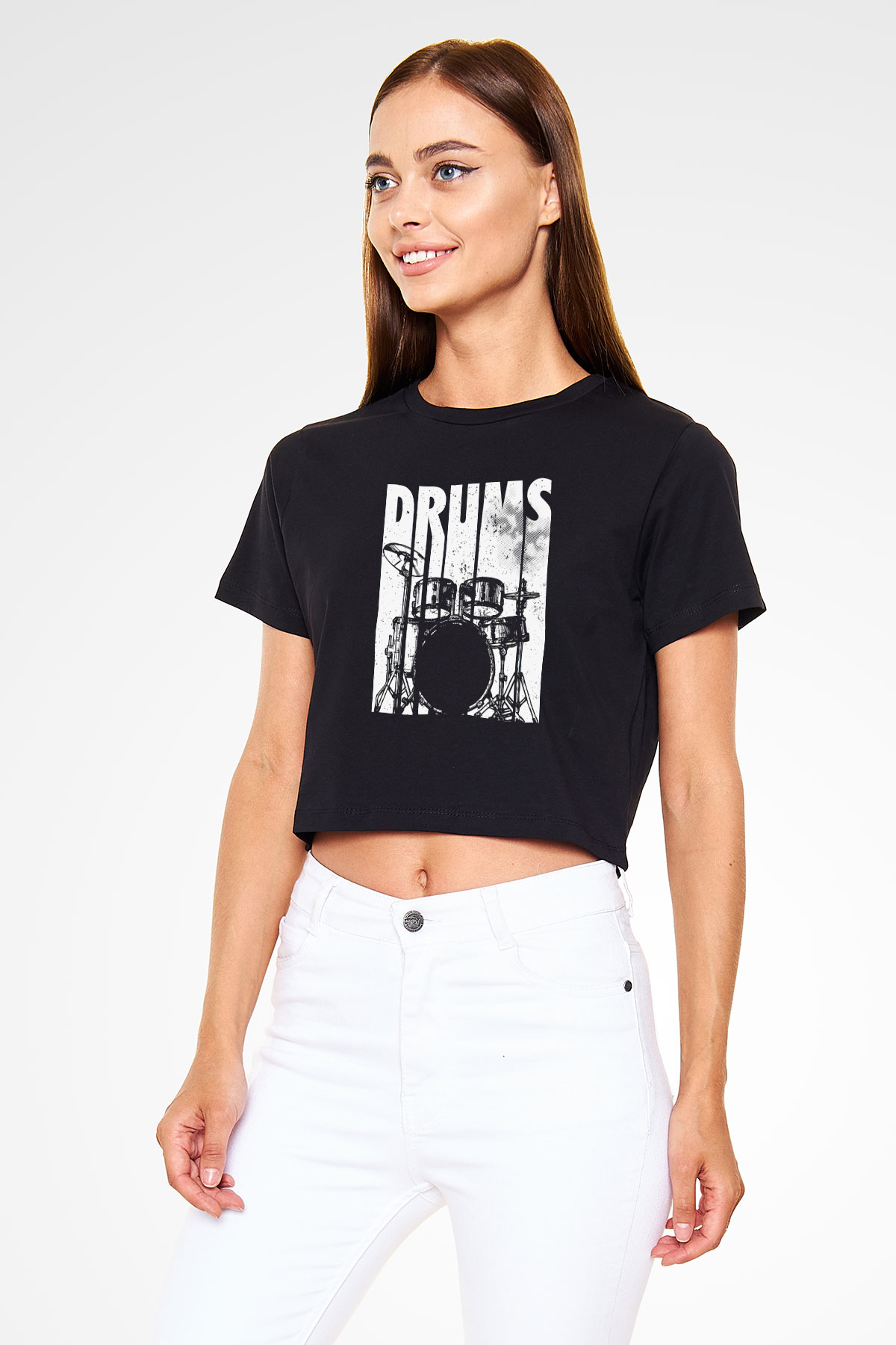 Bateri Baskılı Siyah Crop Top Kadın Tişört - Tshirt