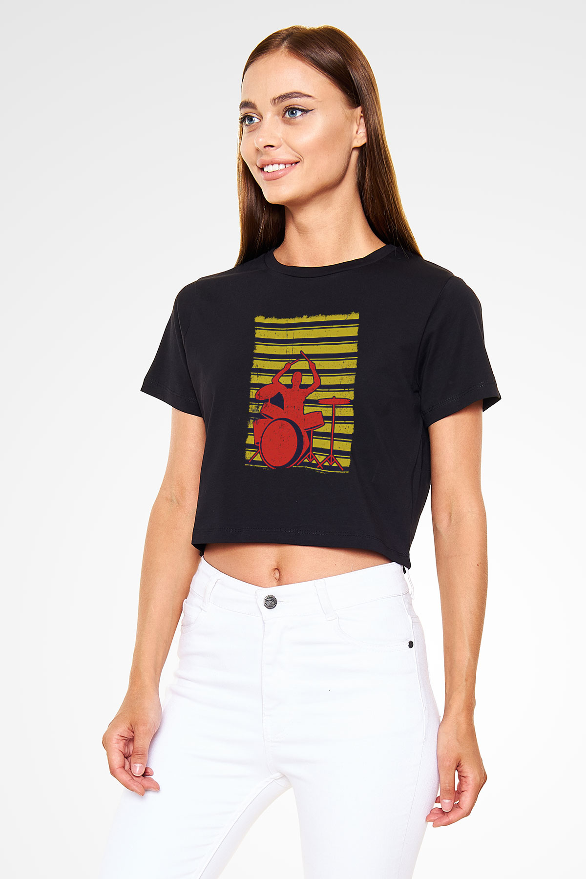 Bateri Baskılı Siyah Crop Top Kadın Tişört - Tshirt