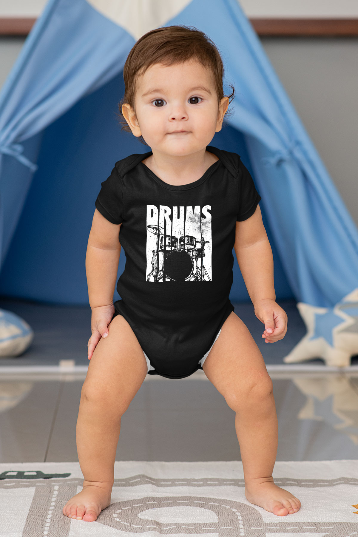 Bateri Baskılı Unisex Siyah Bebek Body - Zıbın