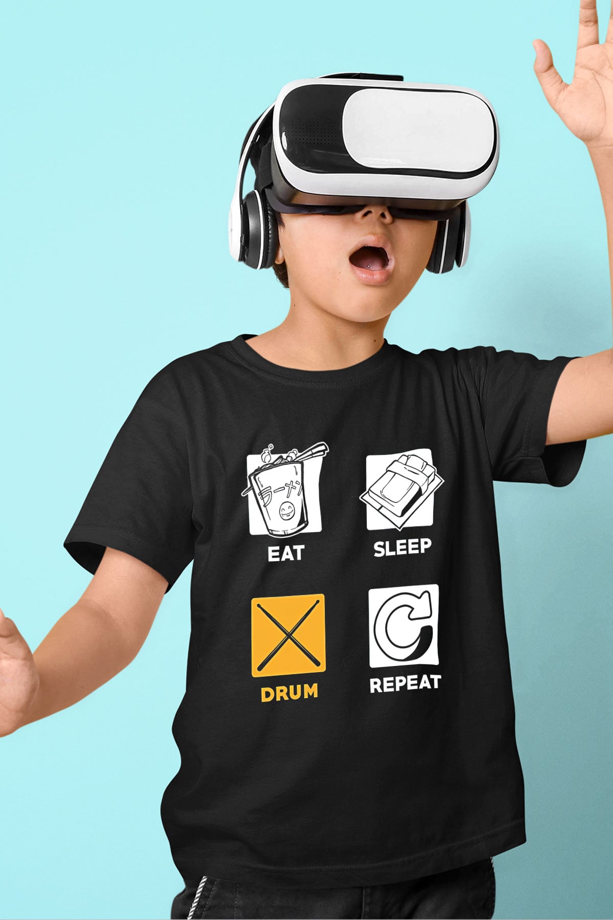 Bateri Baskılı Unisex Siyah Çocuk Tişört - Tshirt