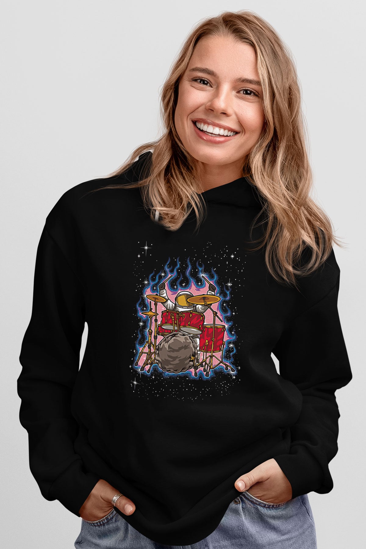 Bateri Baskılı Unisex Siyah Hoodie