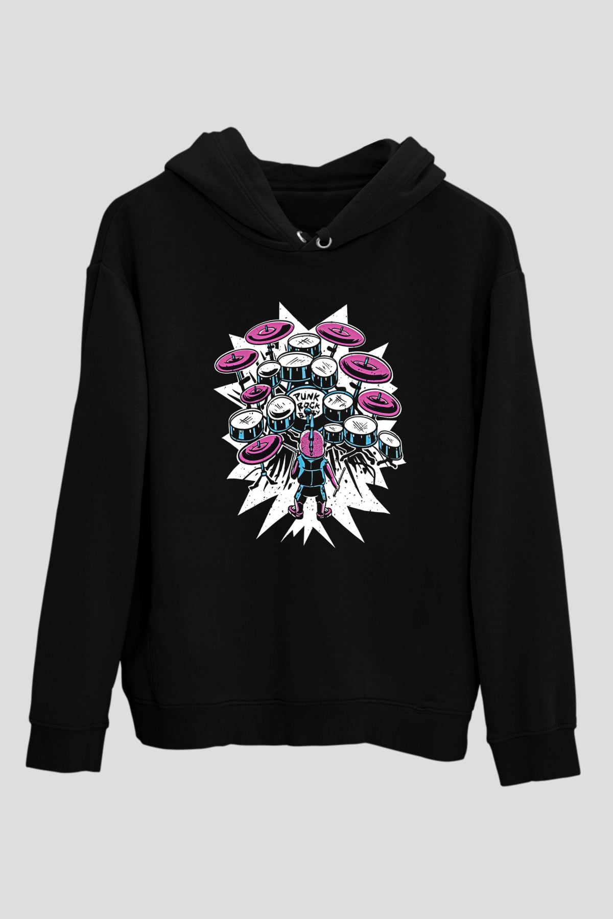 Bateri Baskılı Unisex Siyah Hoodie