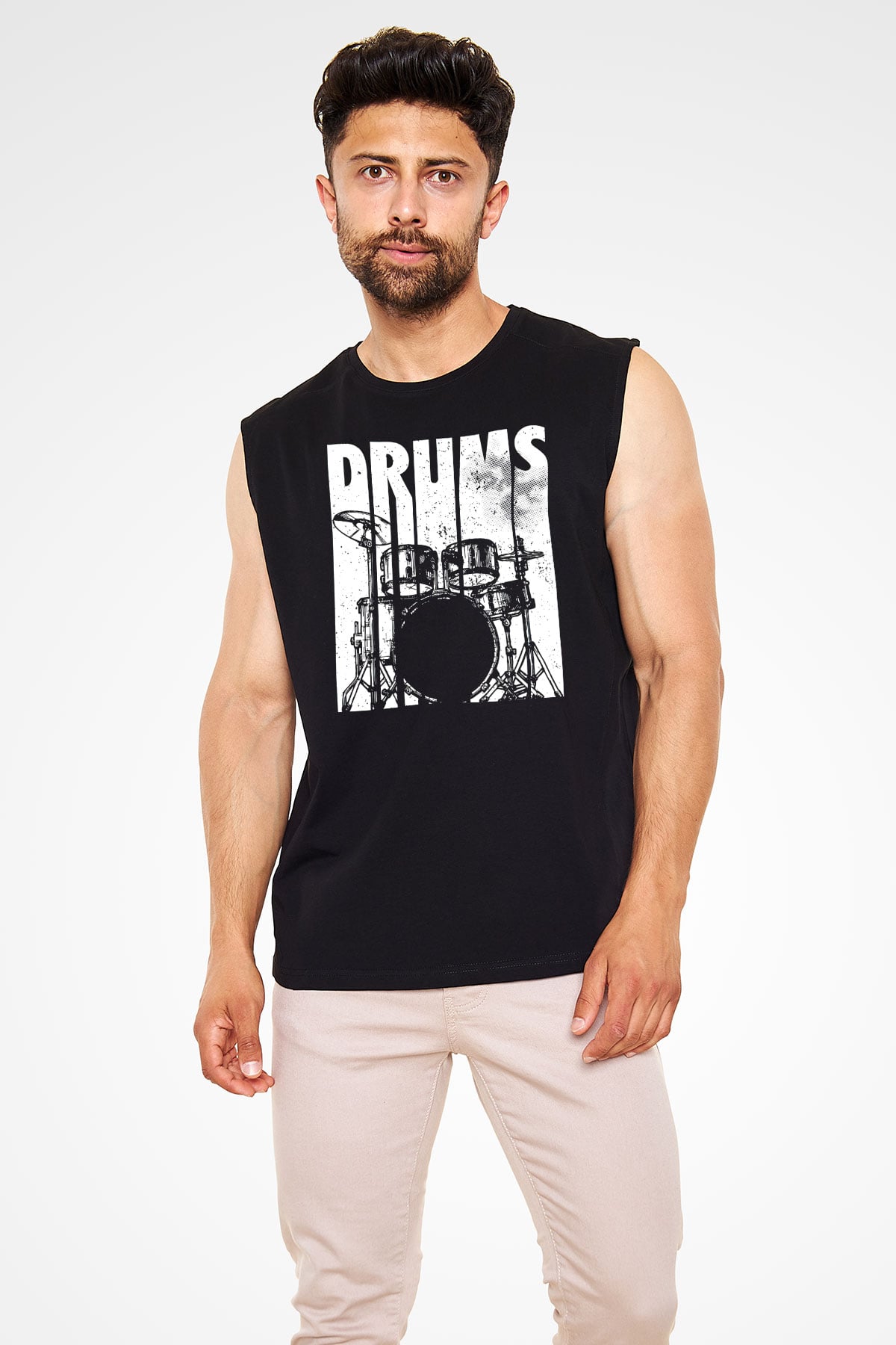 Bateri Baskılı Unisex Siyah Kolsuz Tişört - Tshirt