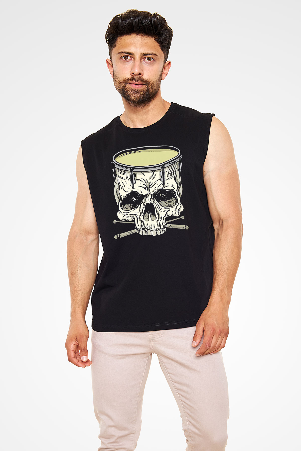 Bateri Baskılı Unisex Siyah Kolsuz Tişört - Tshirt