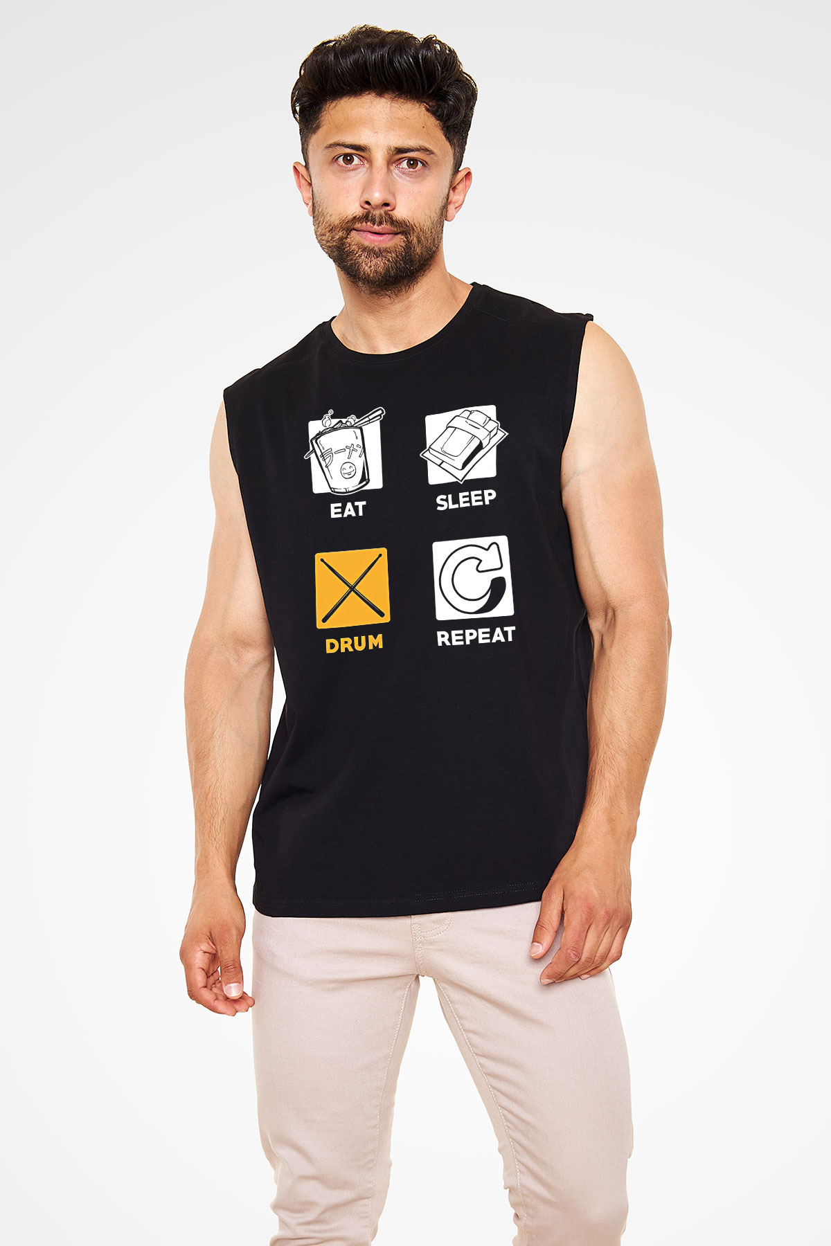 Bateri Baskılı Unisex Siyah Kolsuz Tişört - Tshirt