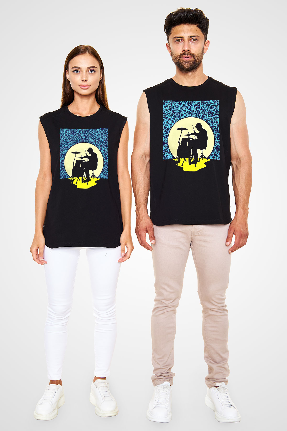 Bateri Baskılı Unisex Siyah Kolsuz Tişört - Tshirt
