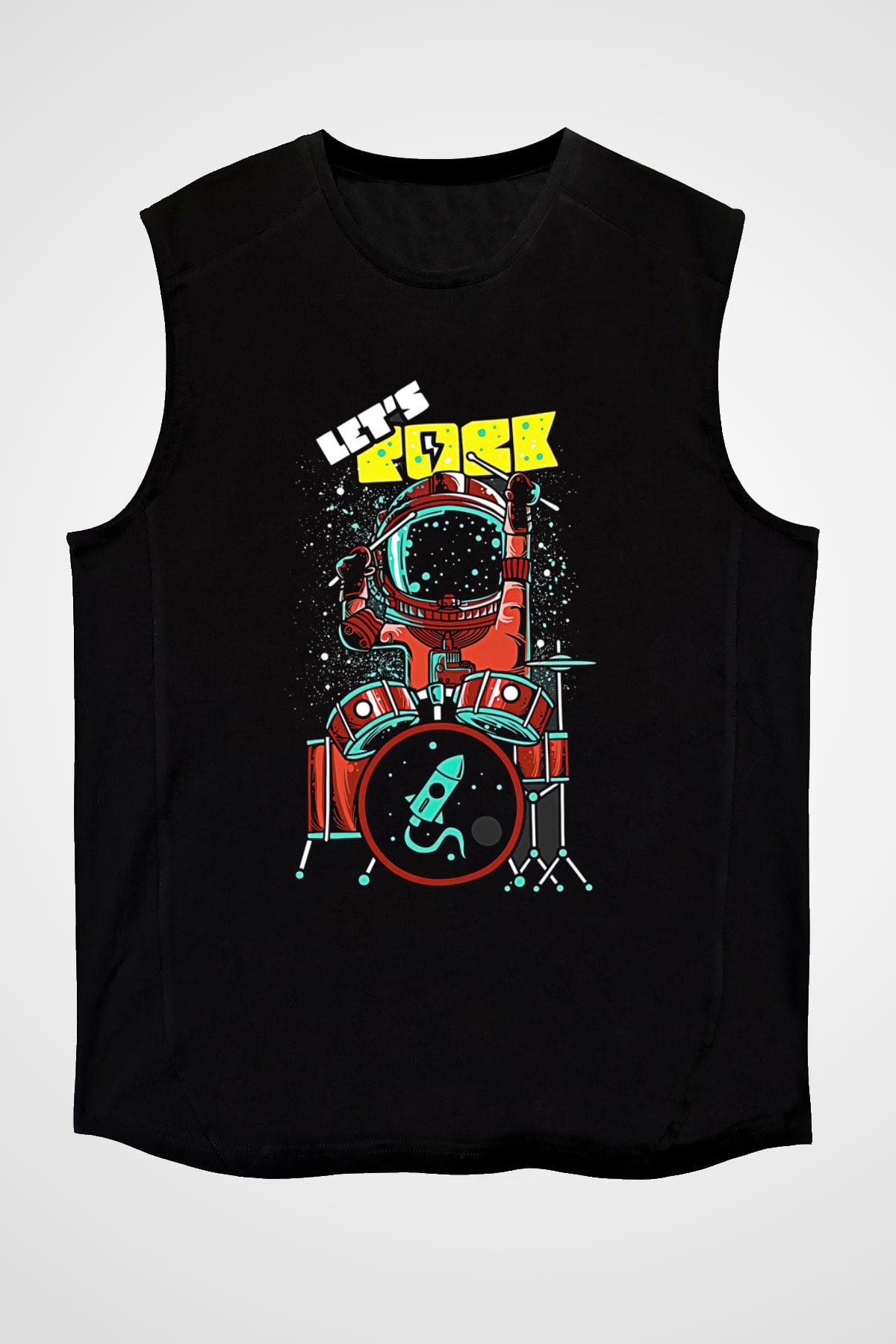 Bateri Baskılı Unisex Siyah Kolsuz Tişört - Tshirt