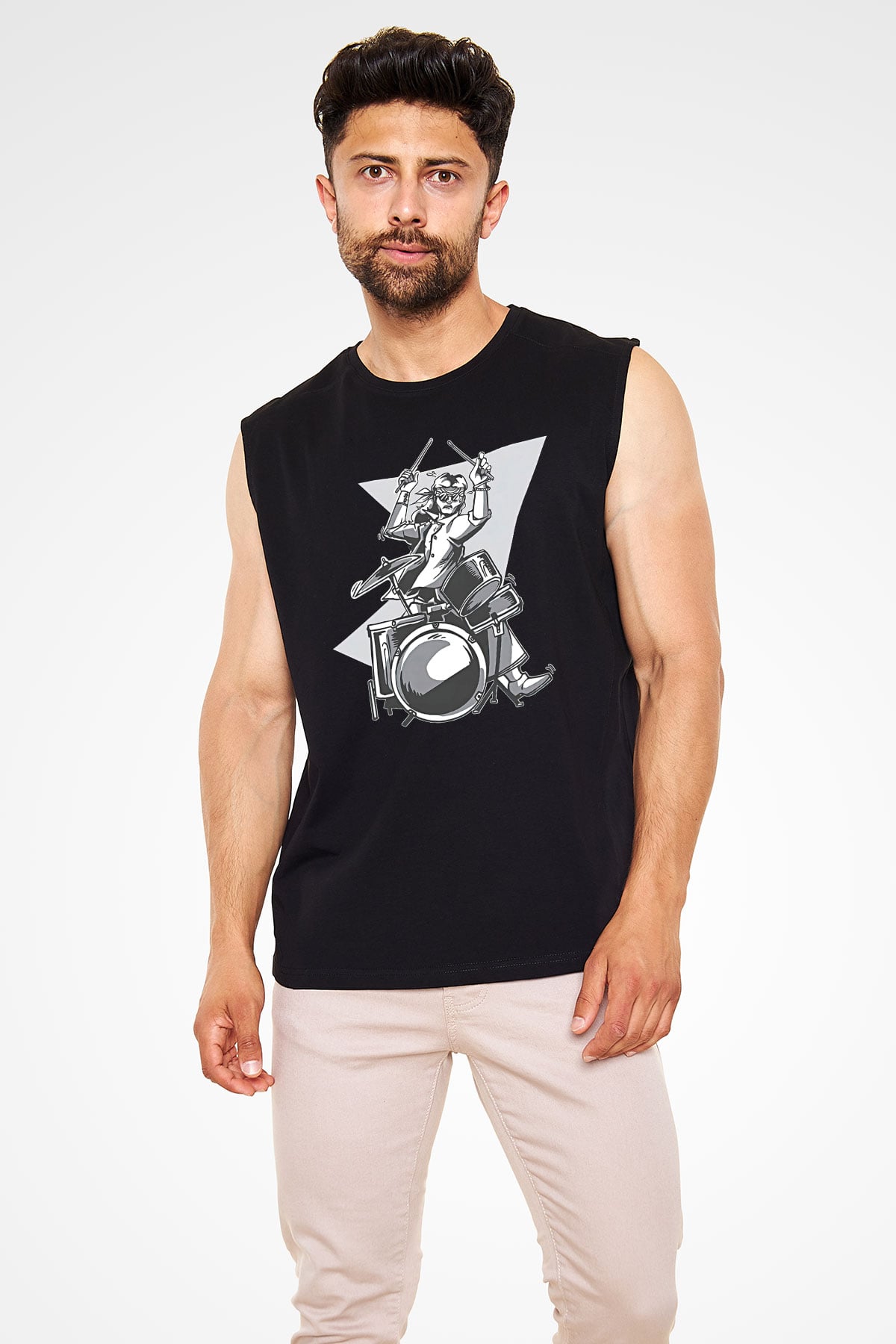 Bateri Baskılı Unisex Siyah Kolsuz Tişört - Tshirt