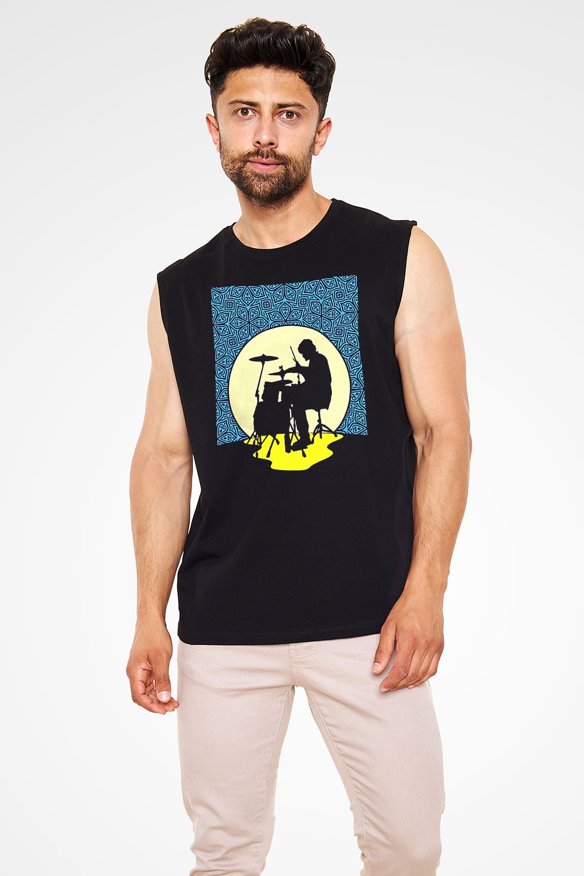 Bateri Baskılı Unisex Siyah Kolsuz Tişört - Tshirt