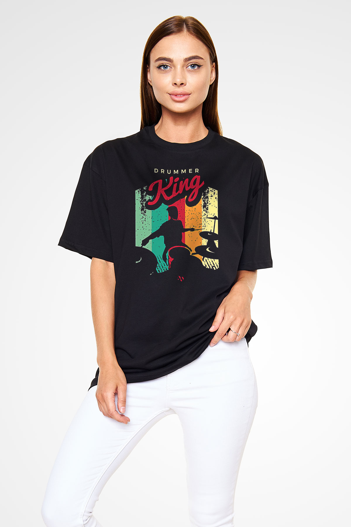 Bateri Baskılı Unisex Siyah Oversize Tişört - Tshirt