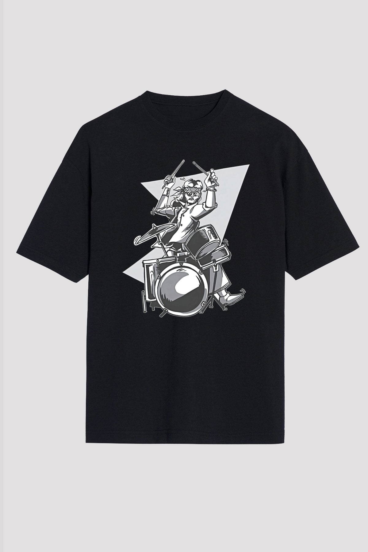 Bateri Baskılı Unisex Siyah Oversize Tişört - Tshirt