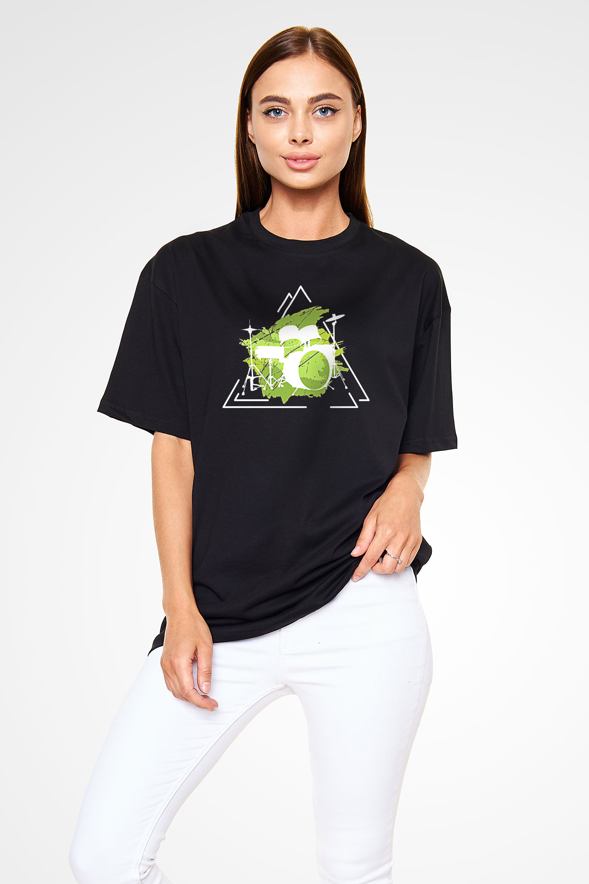 Bateri Baskılı Unisex Siyah Oversize Tişört - Tshirt