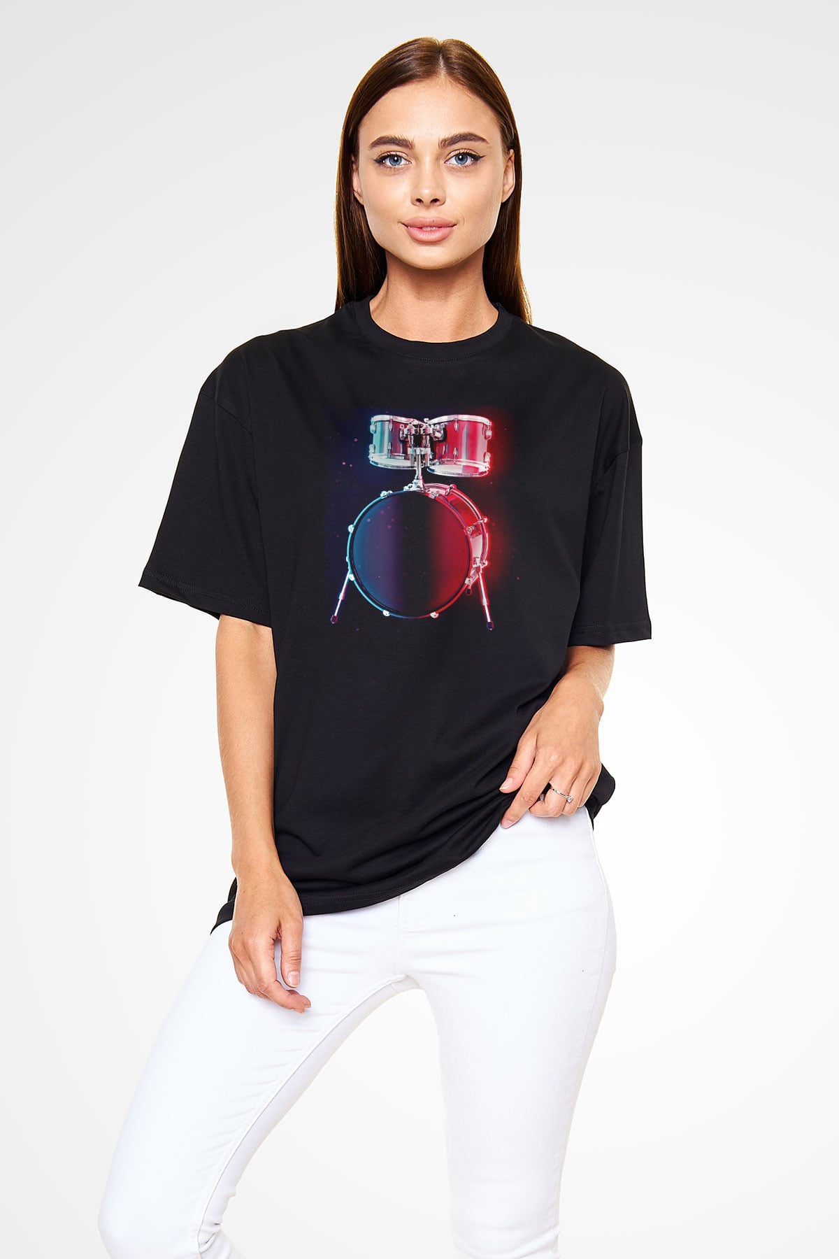Bateri Baskılı Unisex Siyah Oversize Tişört - Tshirt