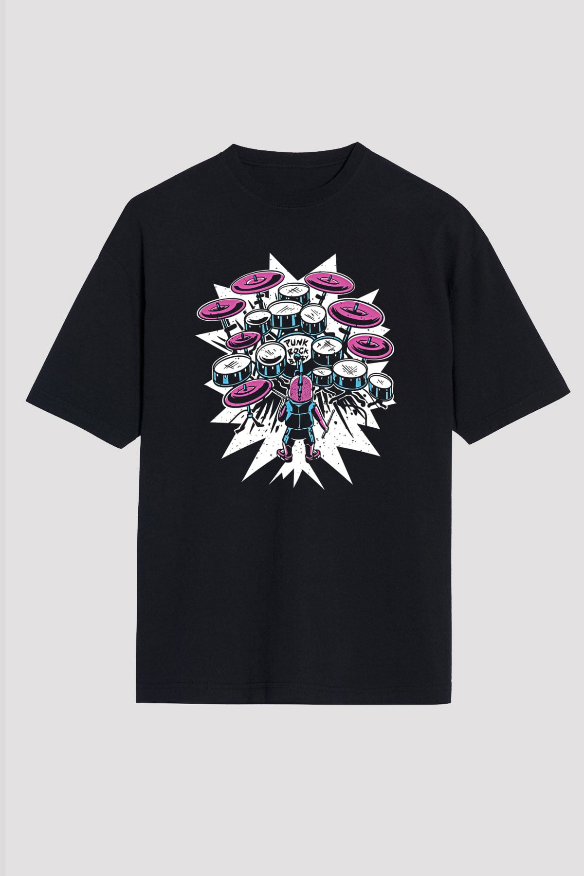 Bateri Baskılı Unisex Siyah Oversize Tişört - Tshirt