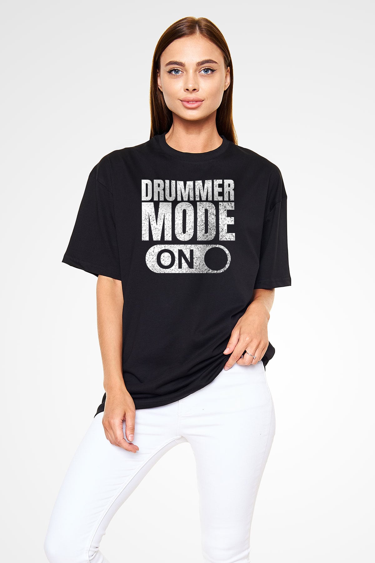 Bateri Baskılı Unisex Siyah Oversize Tişört - Tshirt