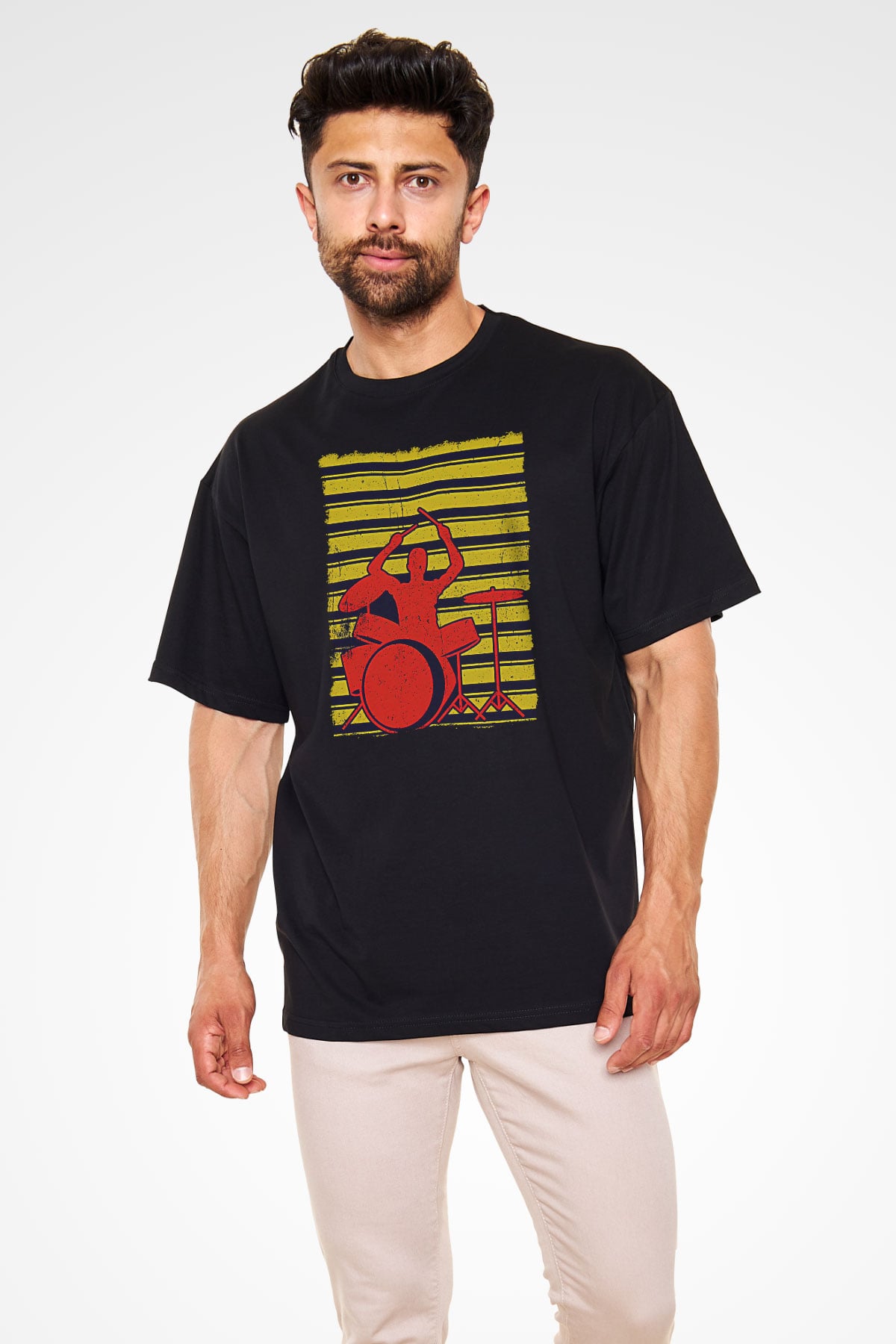 Bateri Baskılı Unisex Siyah Oversize Tişört - Tshirt