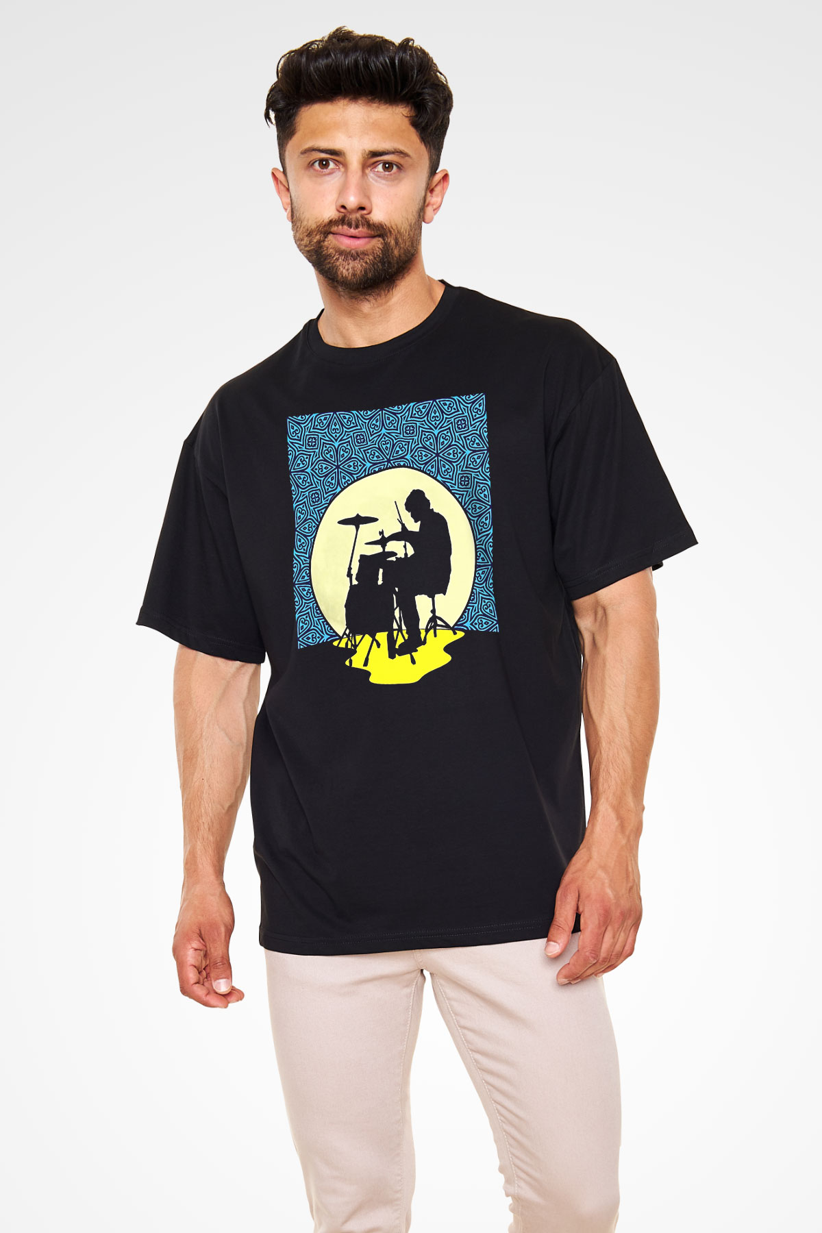 Bateri Baskılı Unisex Siyah Oversize Tişört - Tshirt