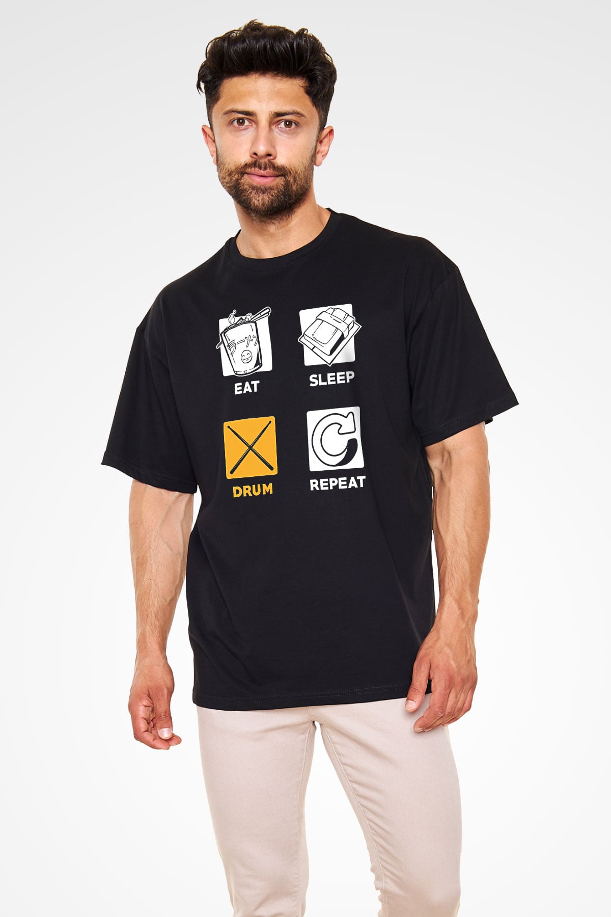 Bateri Baskılı Unisex Siyah Oversize Tişört - Tshirt