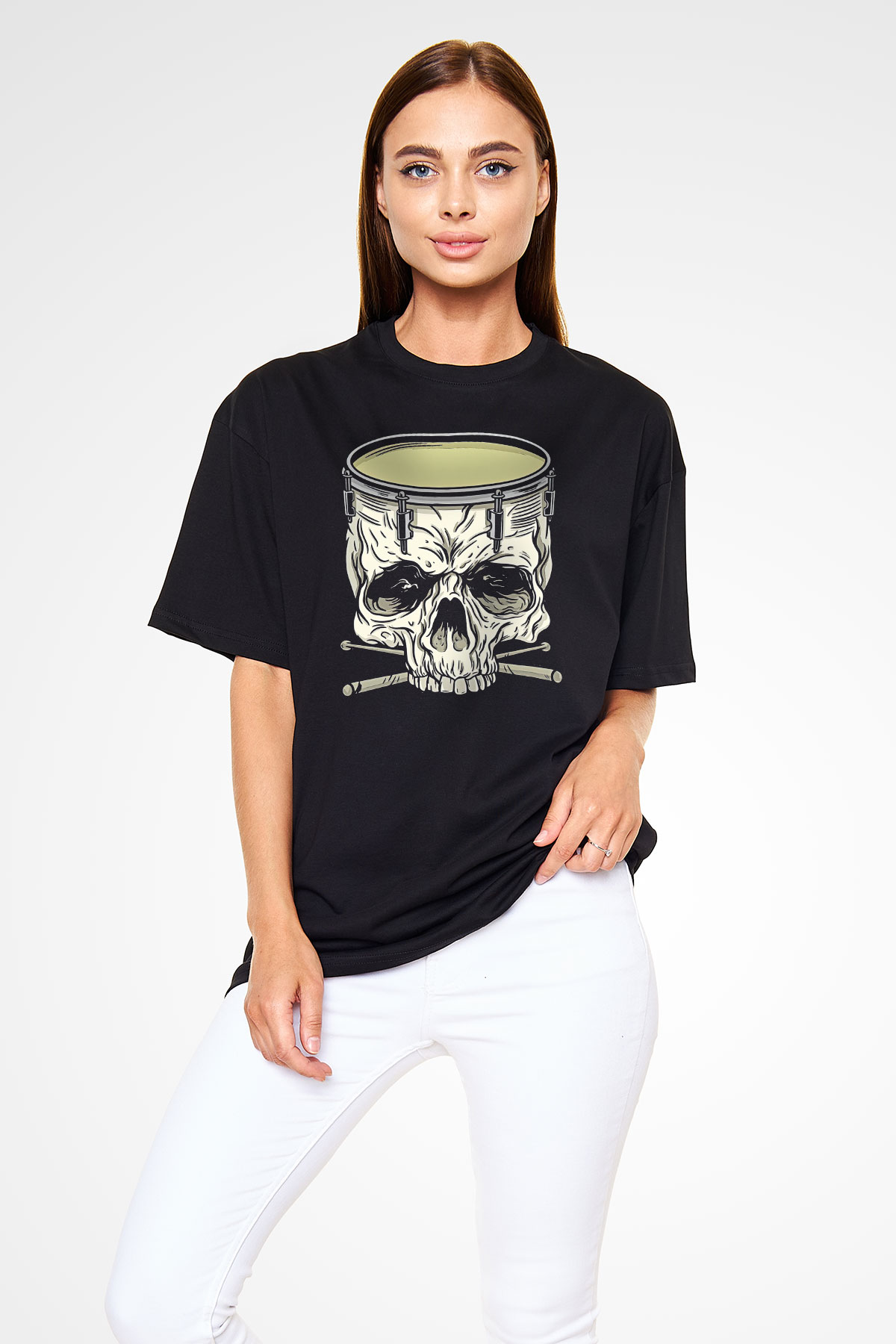 Bateri Baskılı Unisex Siyah Oversize Tişört - Tshirt
