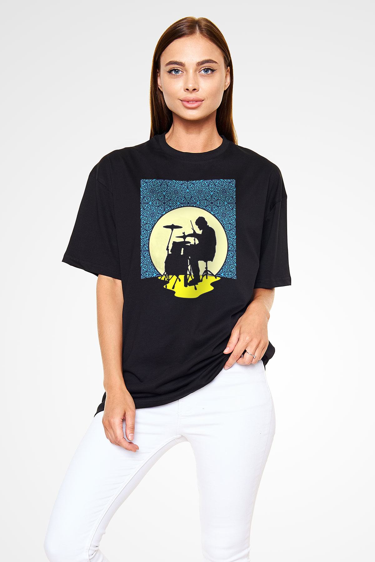 Bateri Baskılı Unisex Siyah Oversize Tişört - Tshirt