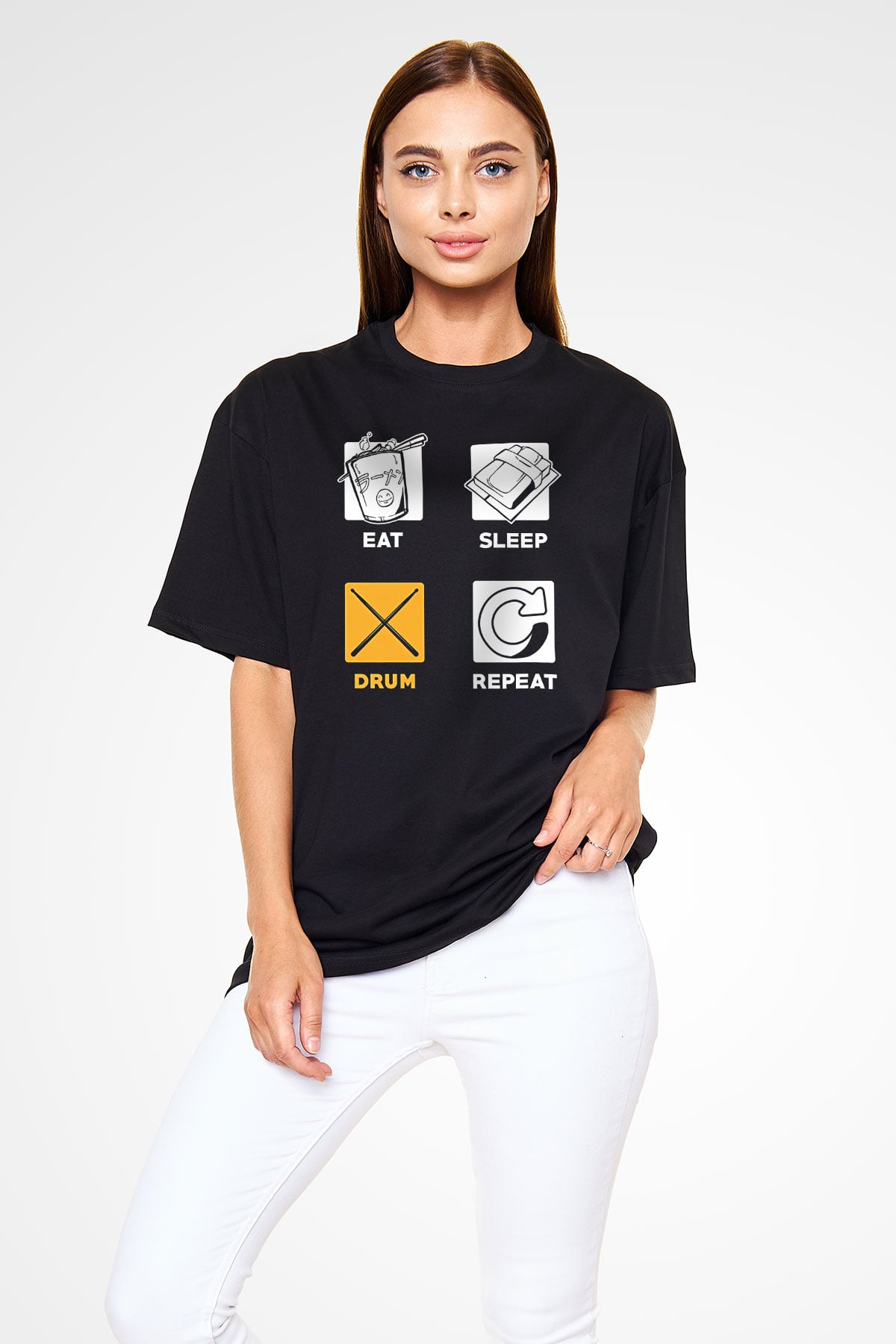 Bateri Baskılı Unisex Siyah Oversize Tişört - Tshirt