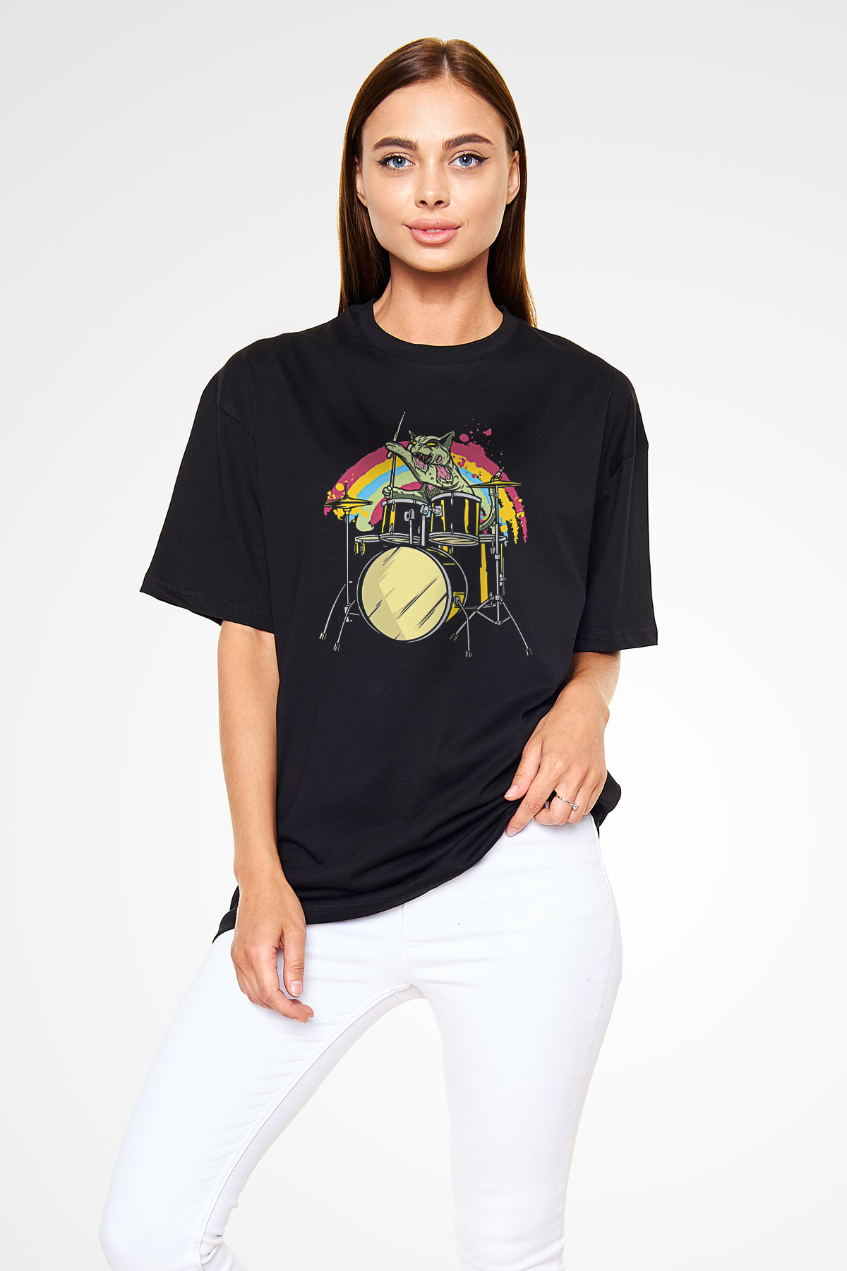 Bateri Baskılı Unisex Siyah Oversize Tişört - Tshirt