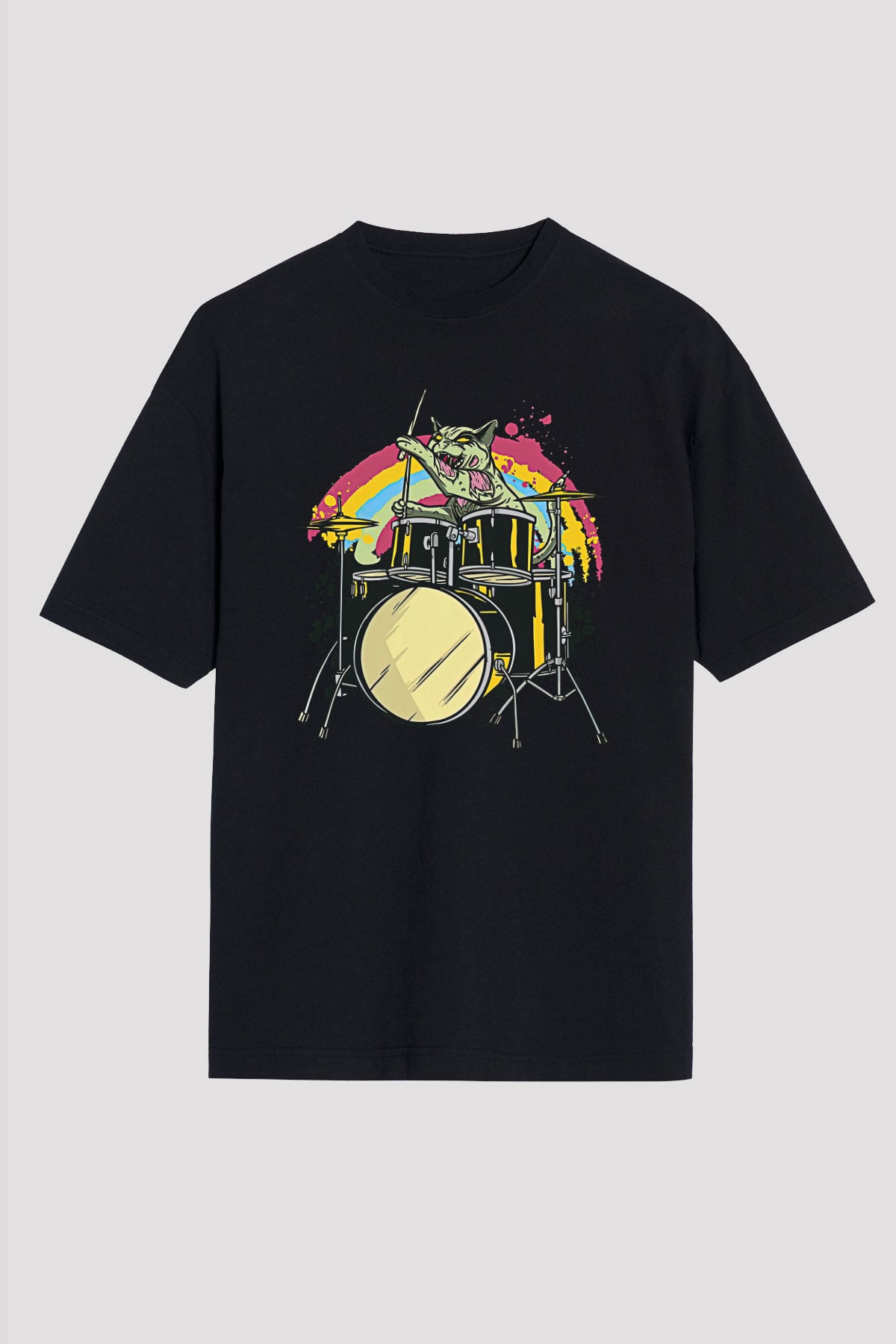 Bateri Baskılı Unisex Siyah Oversize Tişört - Tshirt