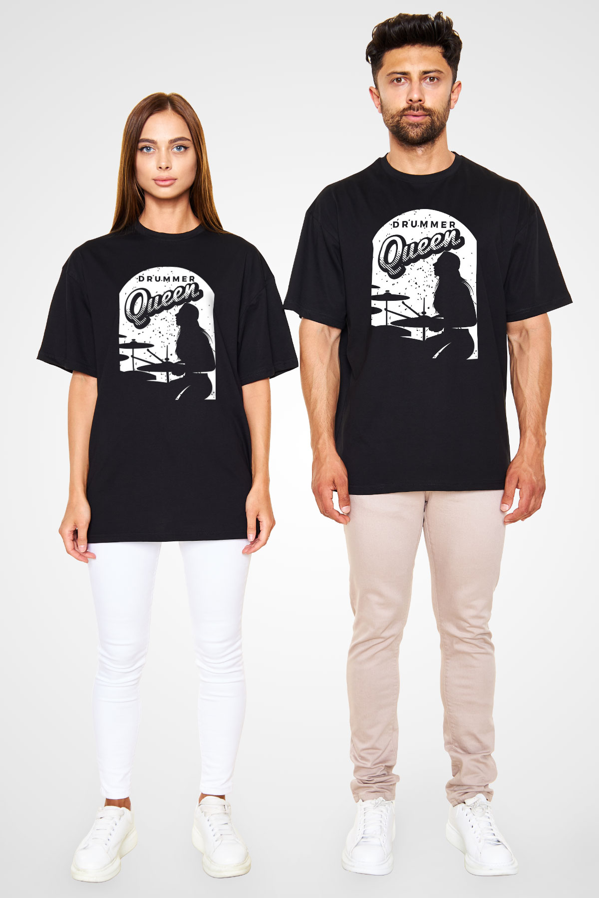 Bateri Baskılı Unisex Siyah Oversize Tişört - Tshirt
