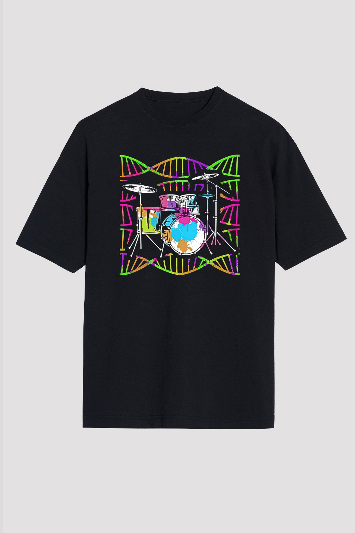 Bateri Baskılı Unisex Siyah Oversize Tişört - Tshirt
