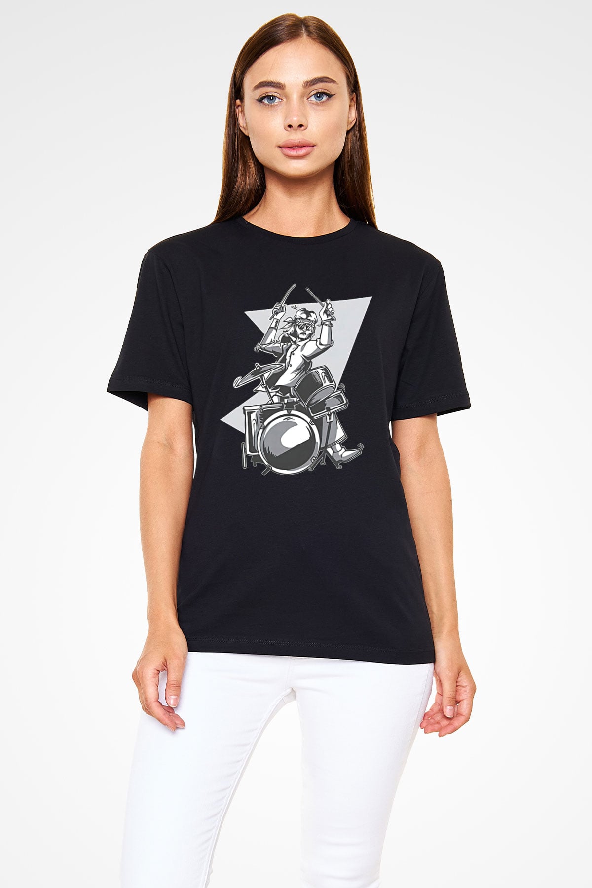 Bateri Baskılı Unisex Siyah Tişört - Tshirt