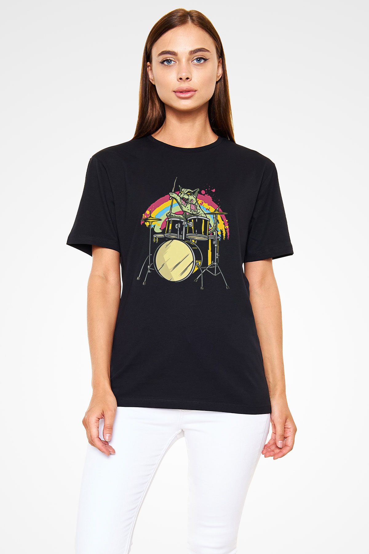 Bateri Baskılı Unisex Siyah Tişört - Tshirt