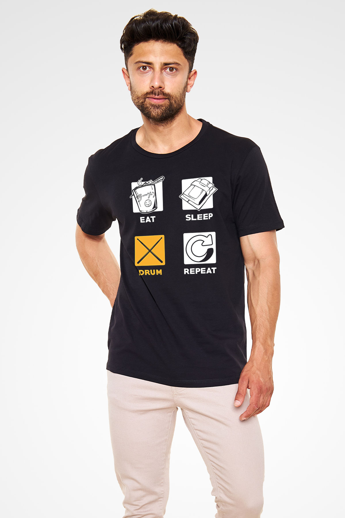 Bateri Baskılı Unisex Siyah Tişört - Tshirt