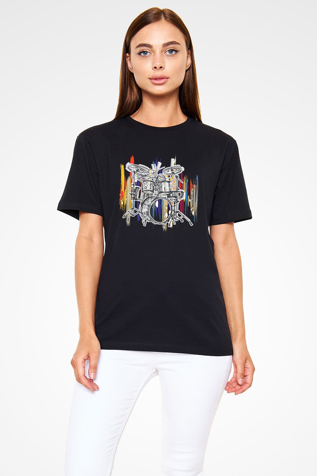 Bateri Baskılı Unisex Siyah Tişört - Tshirt