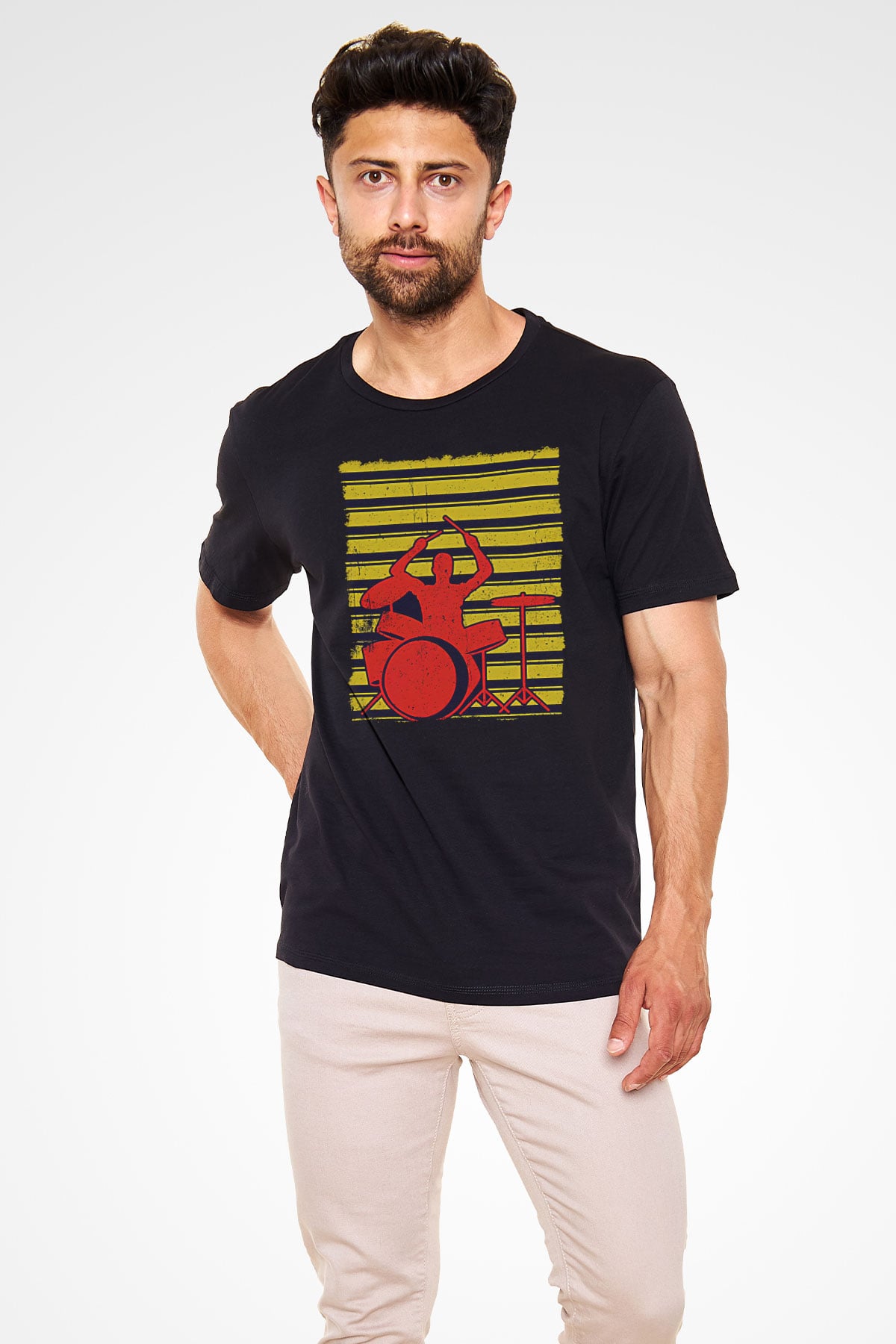 Bateri Baskılı Unisex Siyah Tişört - Tshirt