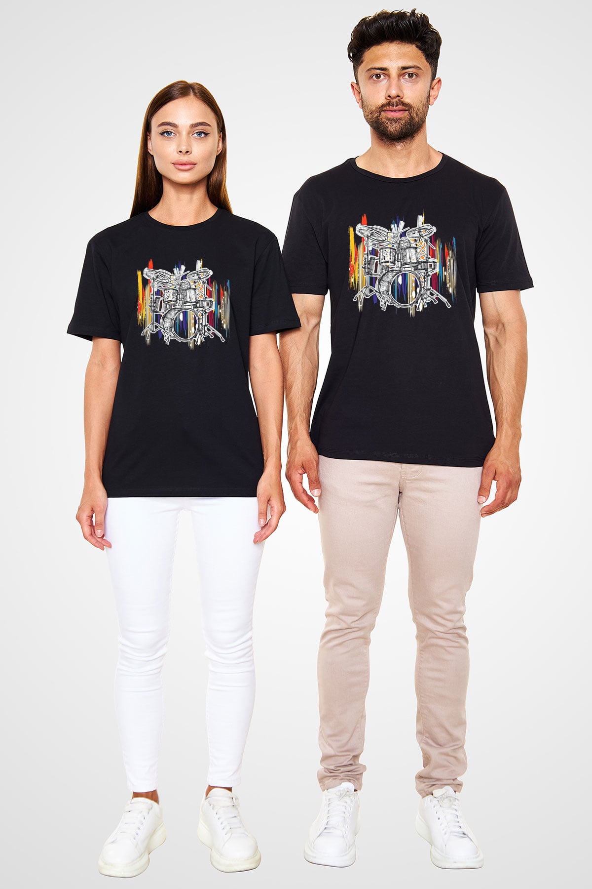 Bateri Baskılı Unisex Siyah Tişört - Tshirt