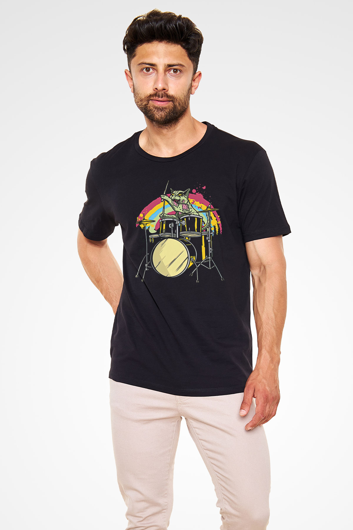 Bateri Baskılı Unisex Siyah Tişört - Tshirt