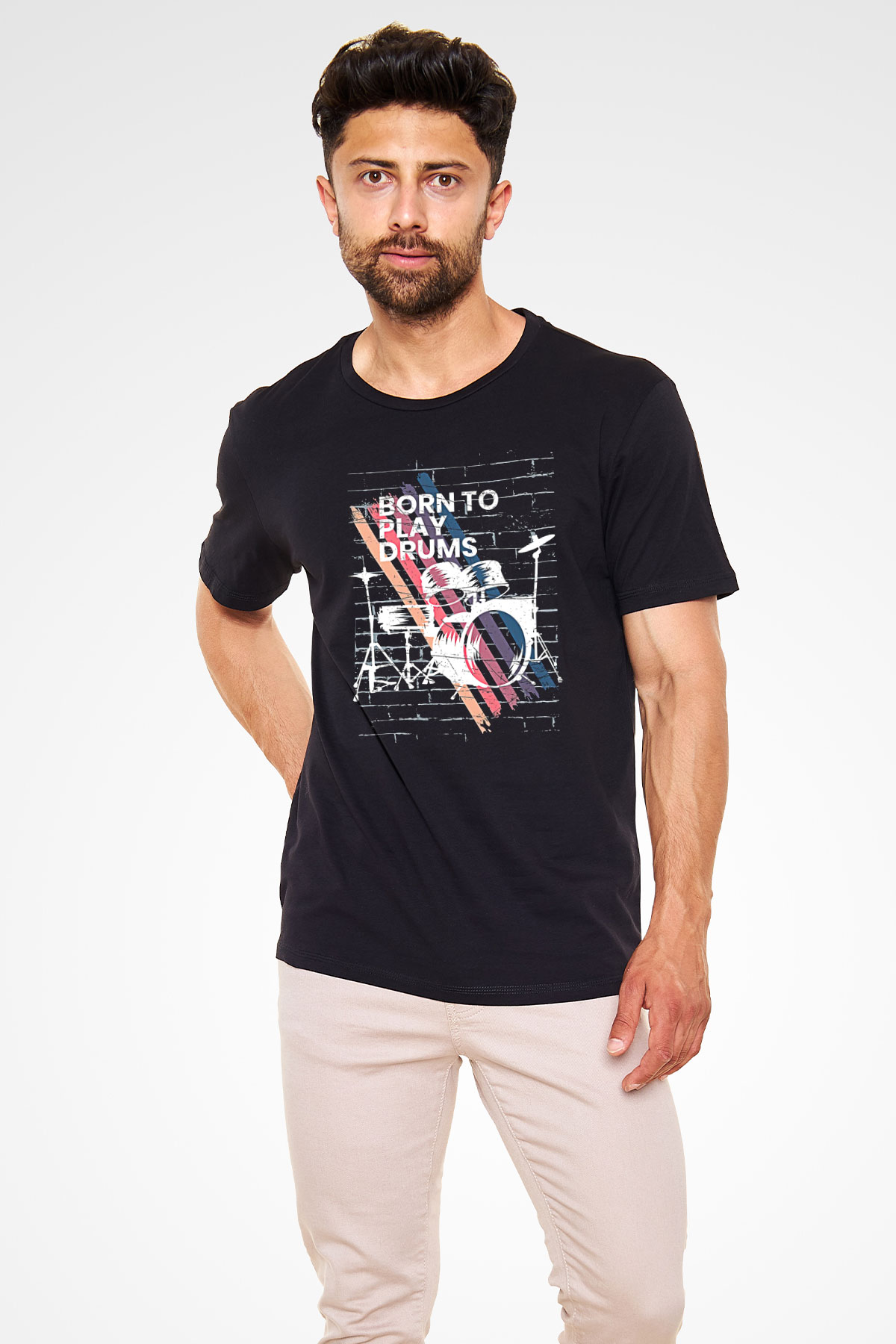Bateri Baskılı Unisex Siyah Tişört - Tshirt