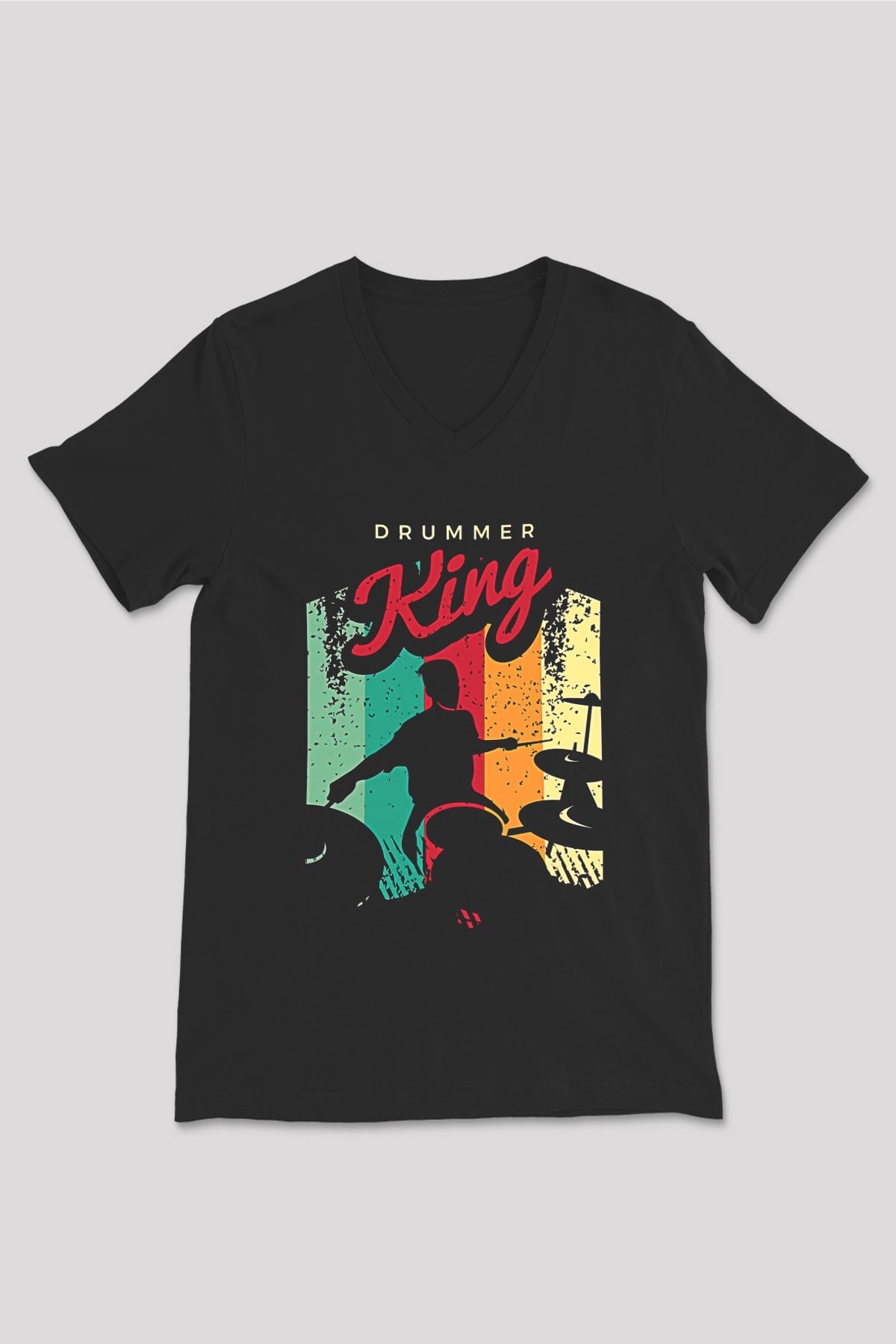 Bateri Baskılı Unisex Siyah V Yaka Tişört - Tshirt