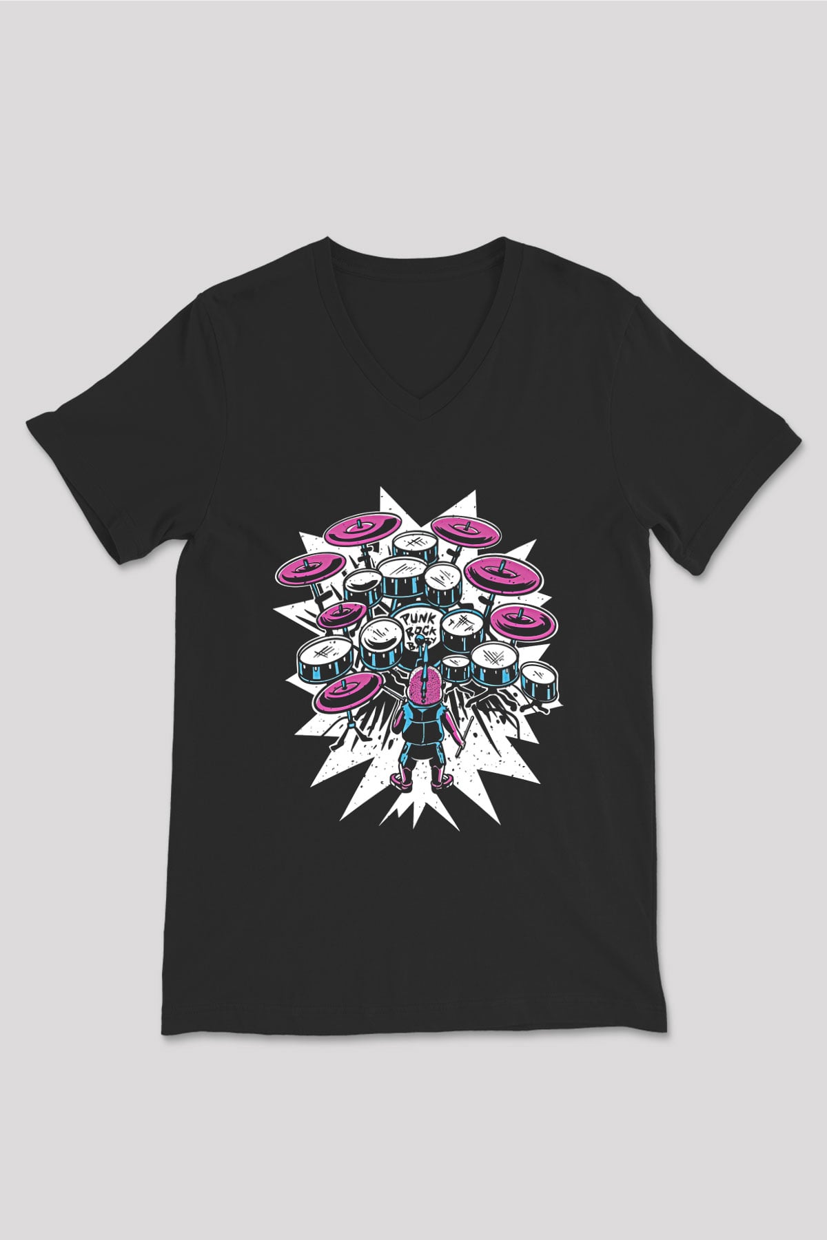 Bateri Baskılı Unisex Siyah V Yaka Tişört - Tshirt