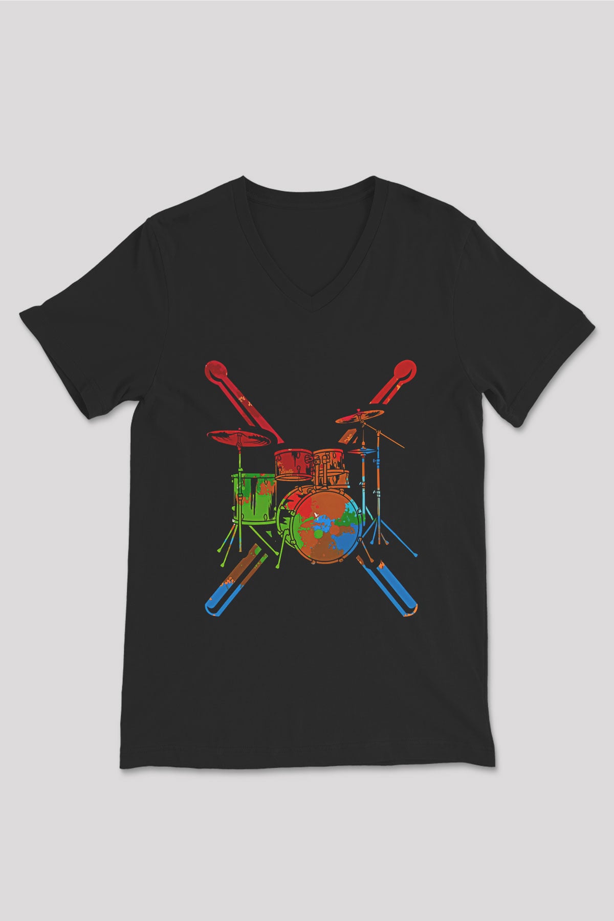 Bateri Baskılı Unisex Siyah V Yaka Tişört - Tshirt