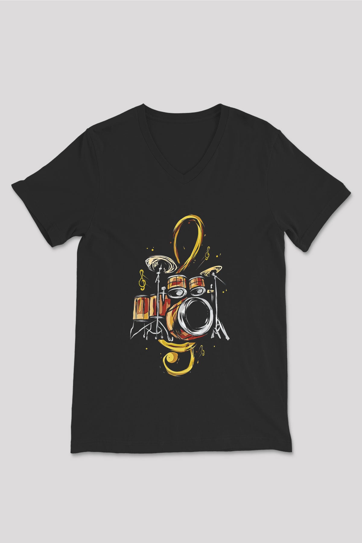 Bateri Baskılı Unisex Siyah V Yaka Tişört - Tshirt