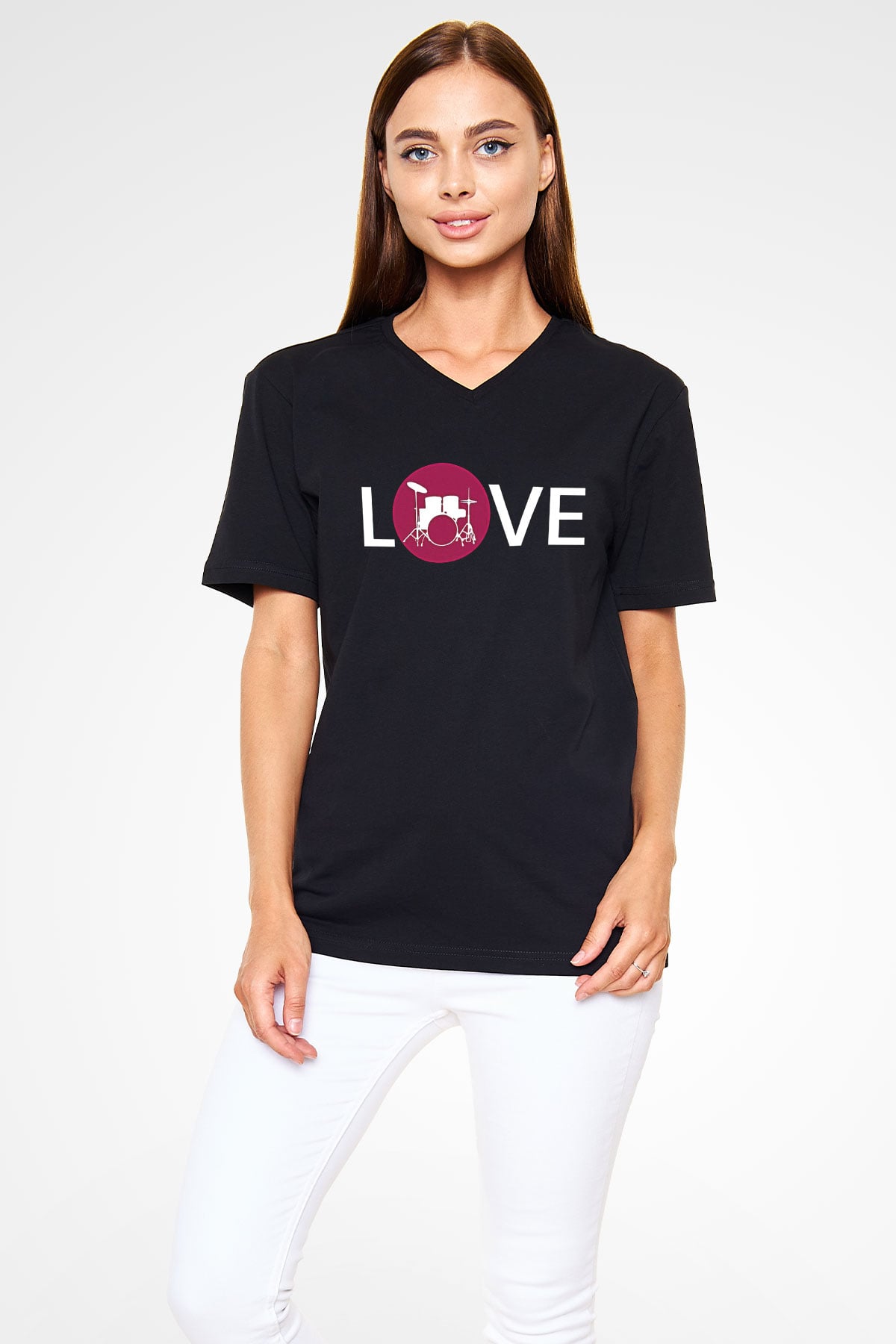 Bateri Baskılı Unisex Siyah V Yaka Tişört - Tshirt