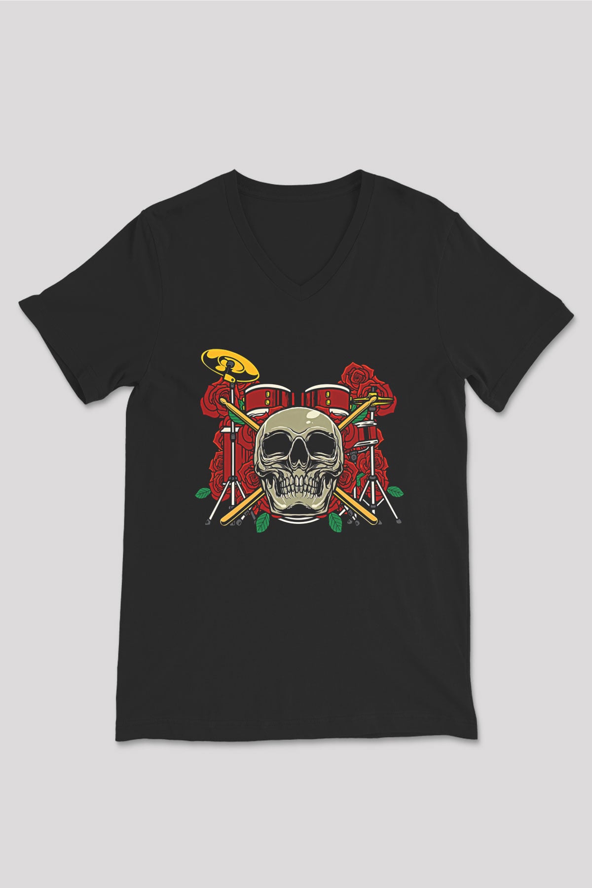 Bateri Baskılı Unisex Siyah V Yaka Tişört - Tshirt