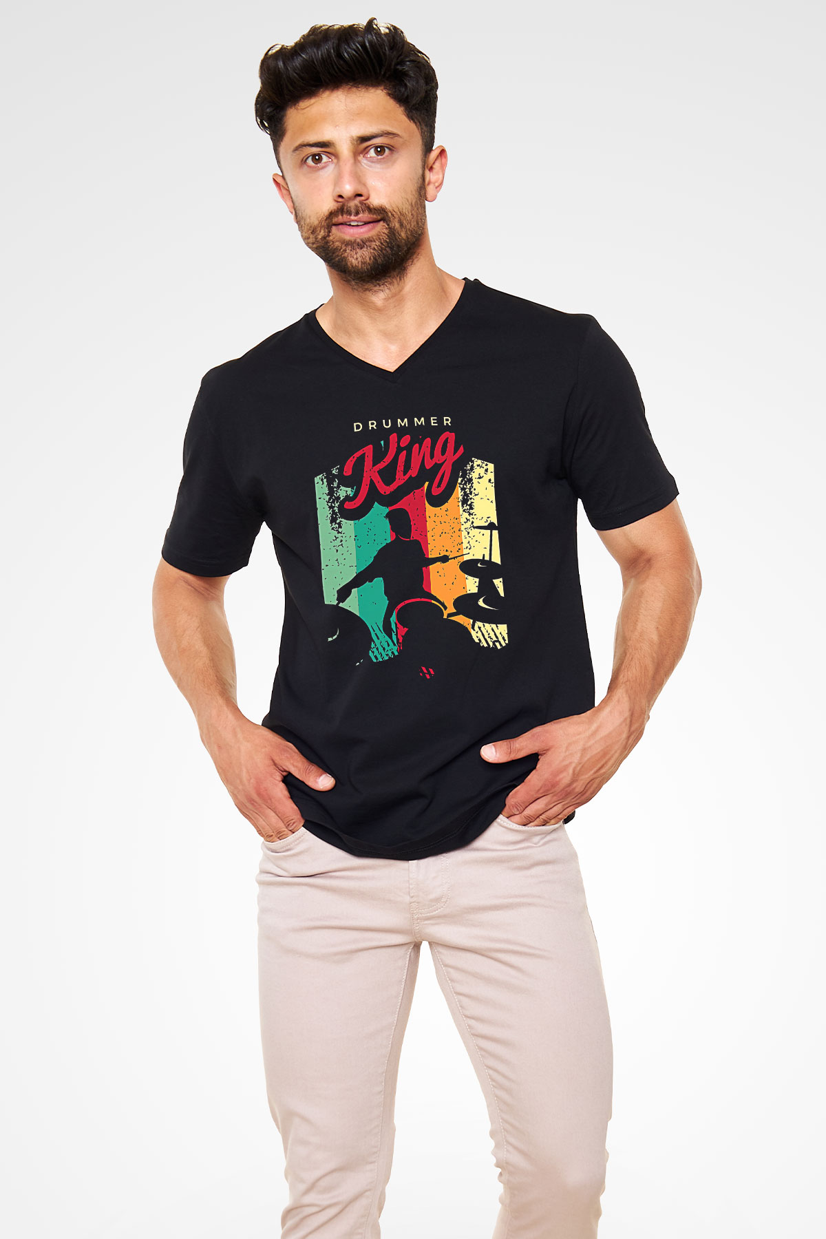 Bateri Baskılı Unisex Siyah V Yaka Tişört - Tshirt