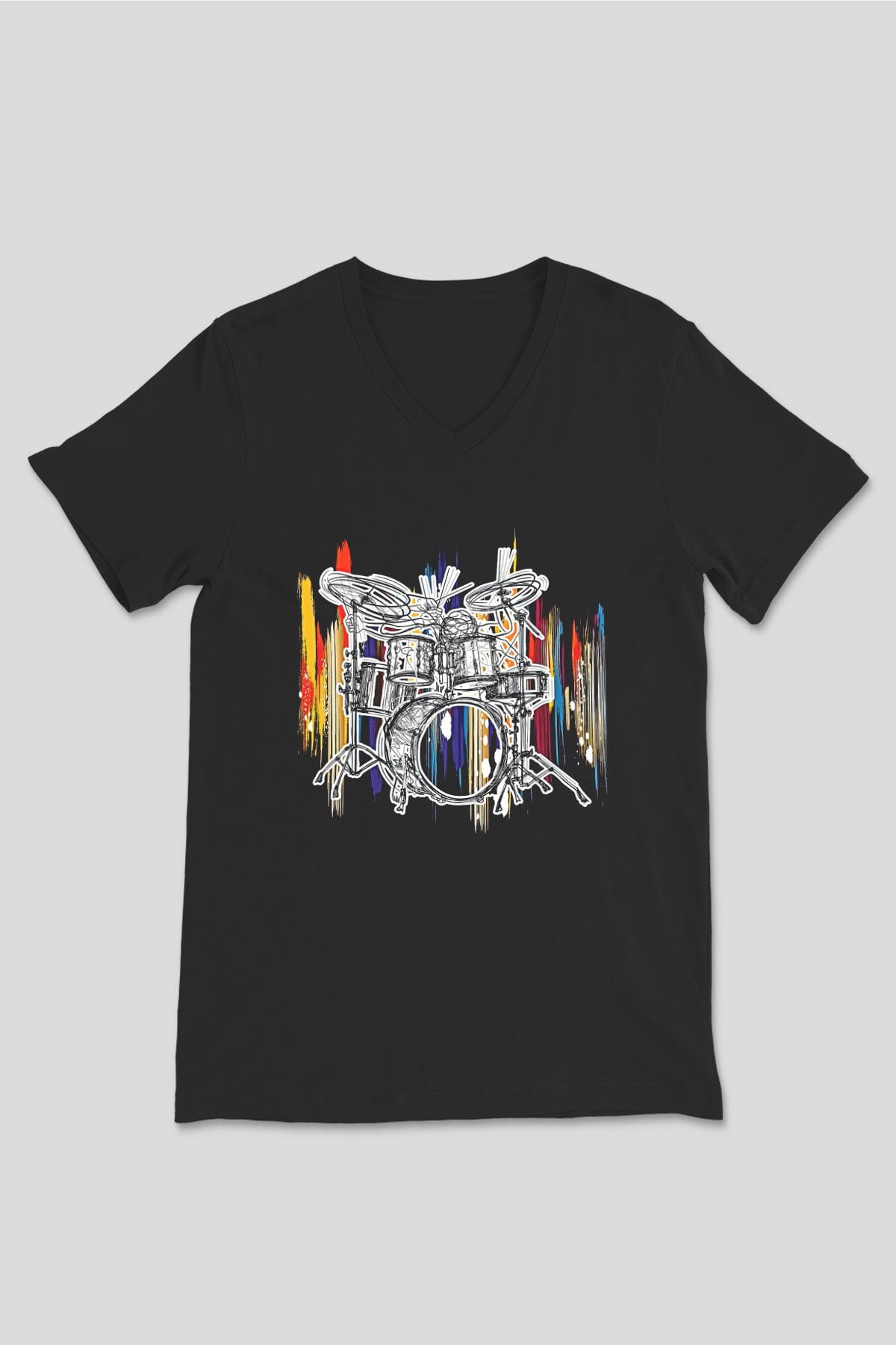 Bateri Baskılı Unisex Siyah V Yaka Tişört - Tshirt