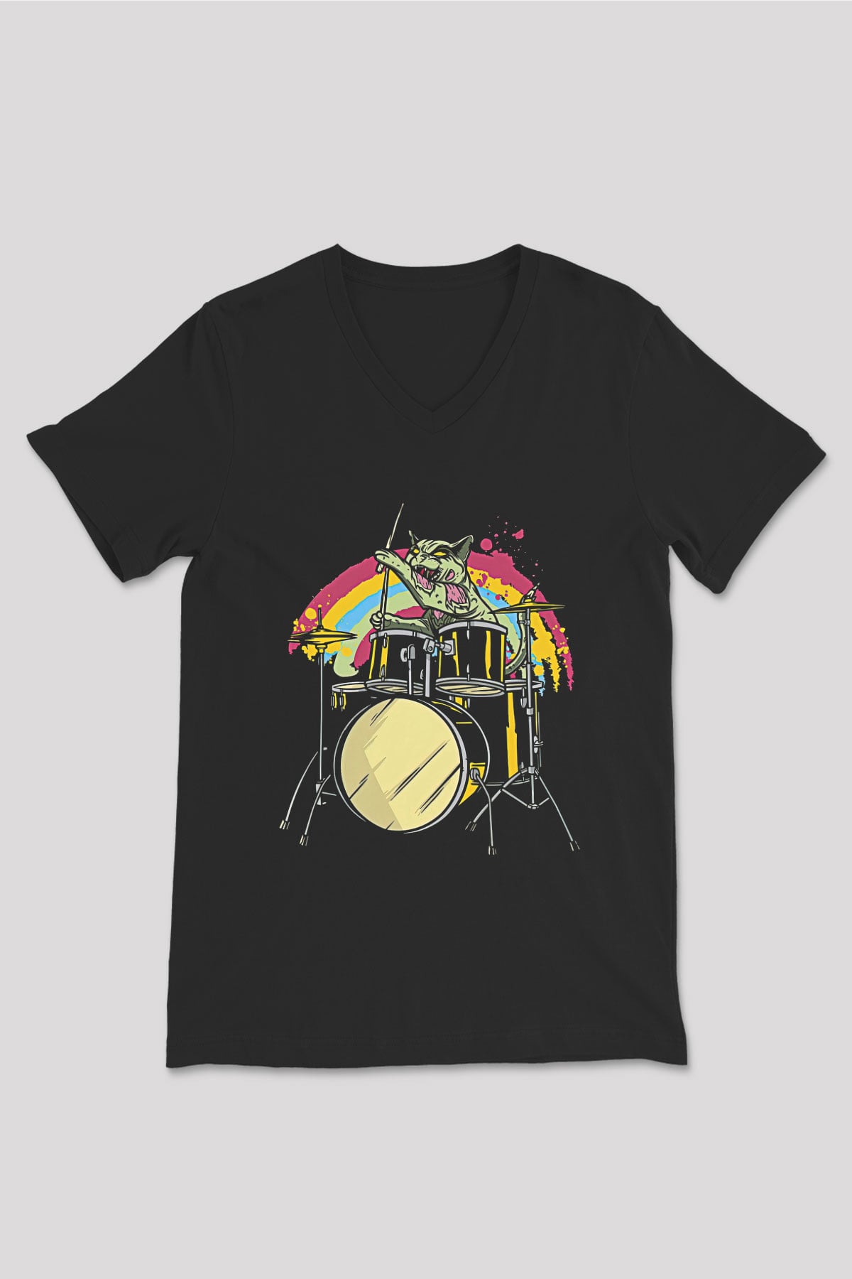 Bateri Baskılı Unisex Siyah V Yaka Tişört - Tshirt
