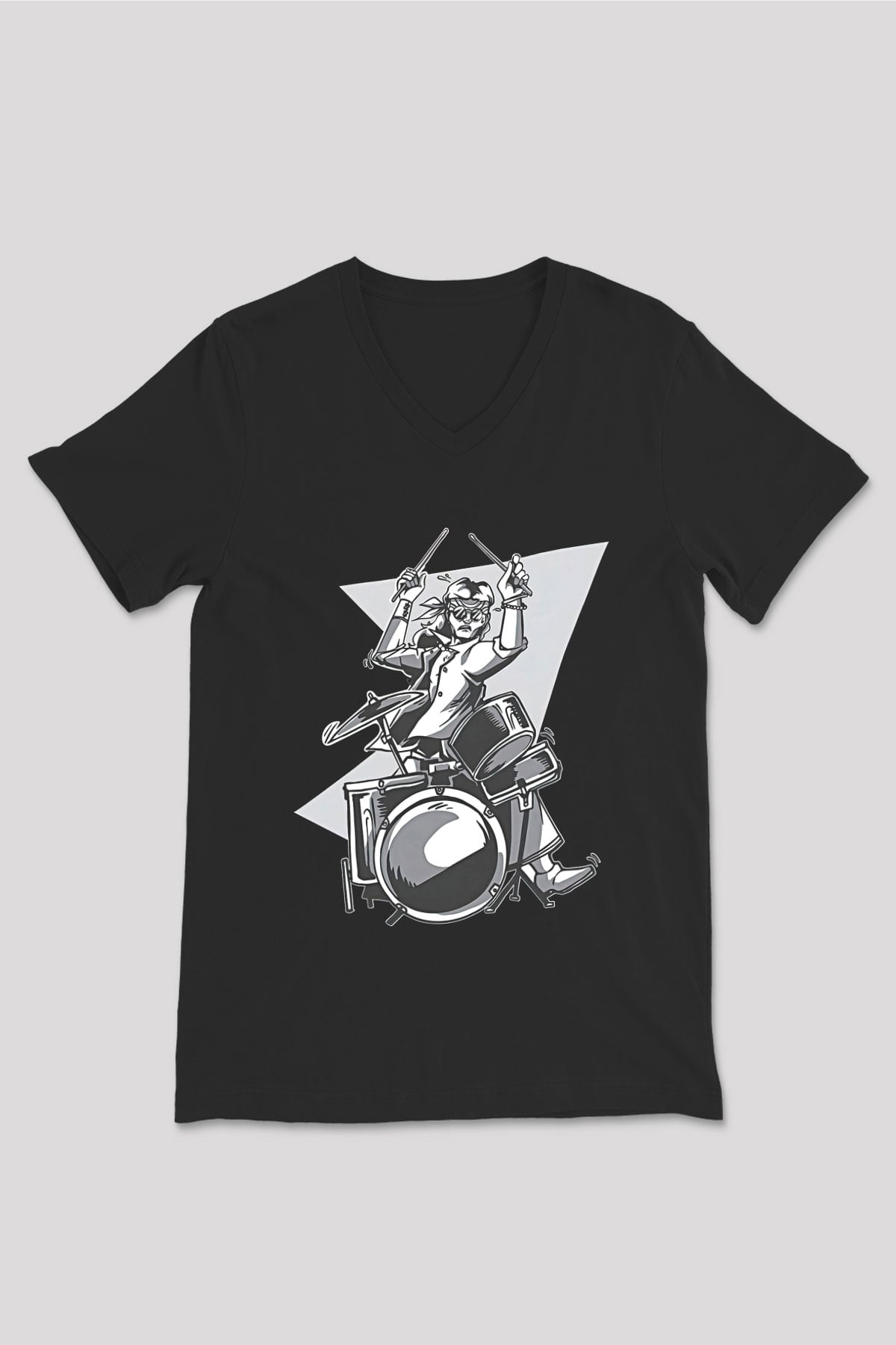 Bateri Baskılı Unisex Siyah V Yaka Tişört - Tshirt