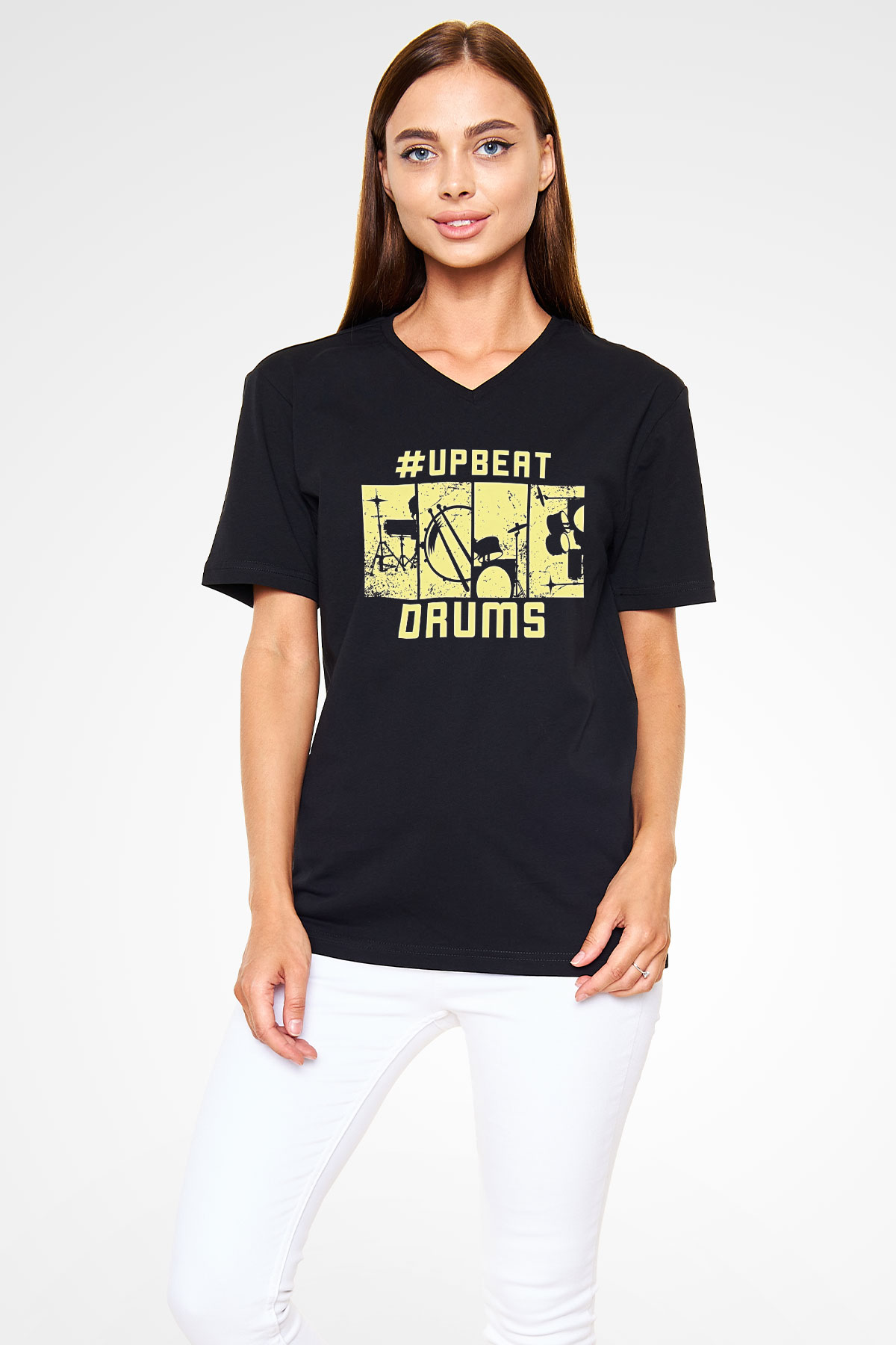 Bateri Baskılı Unisex Siyah V Yaka Tişört - Tshirt
