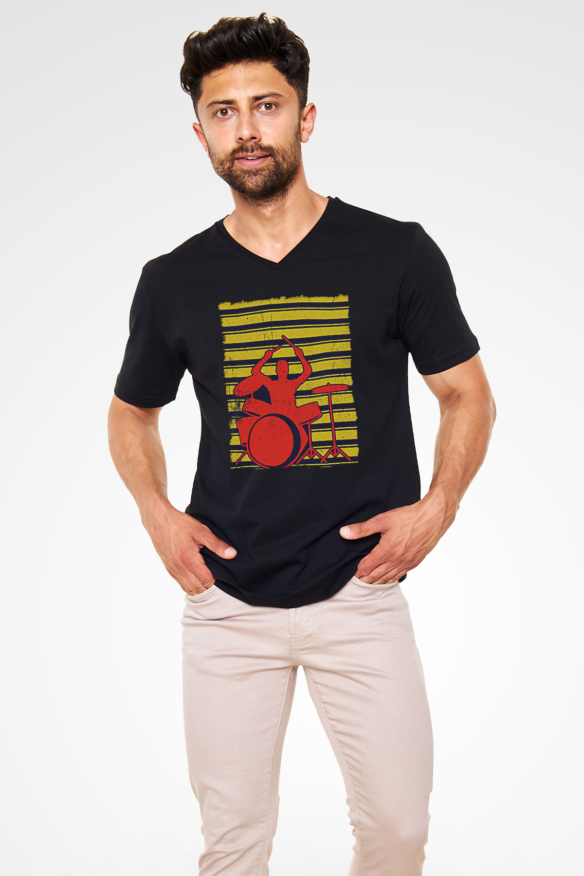 Bateri Baskılı Unisex Siyah V Yaka Tişört - Tshirt