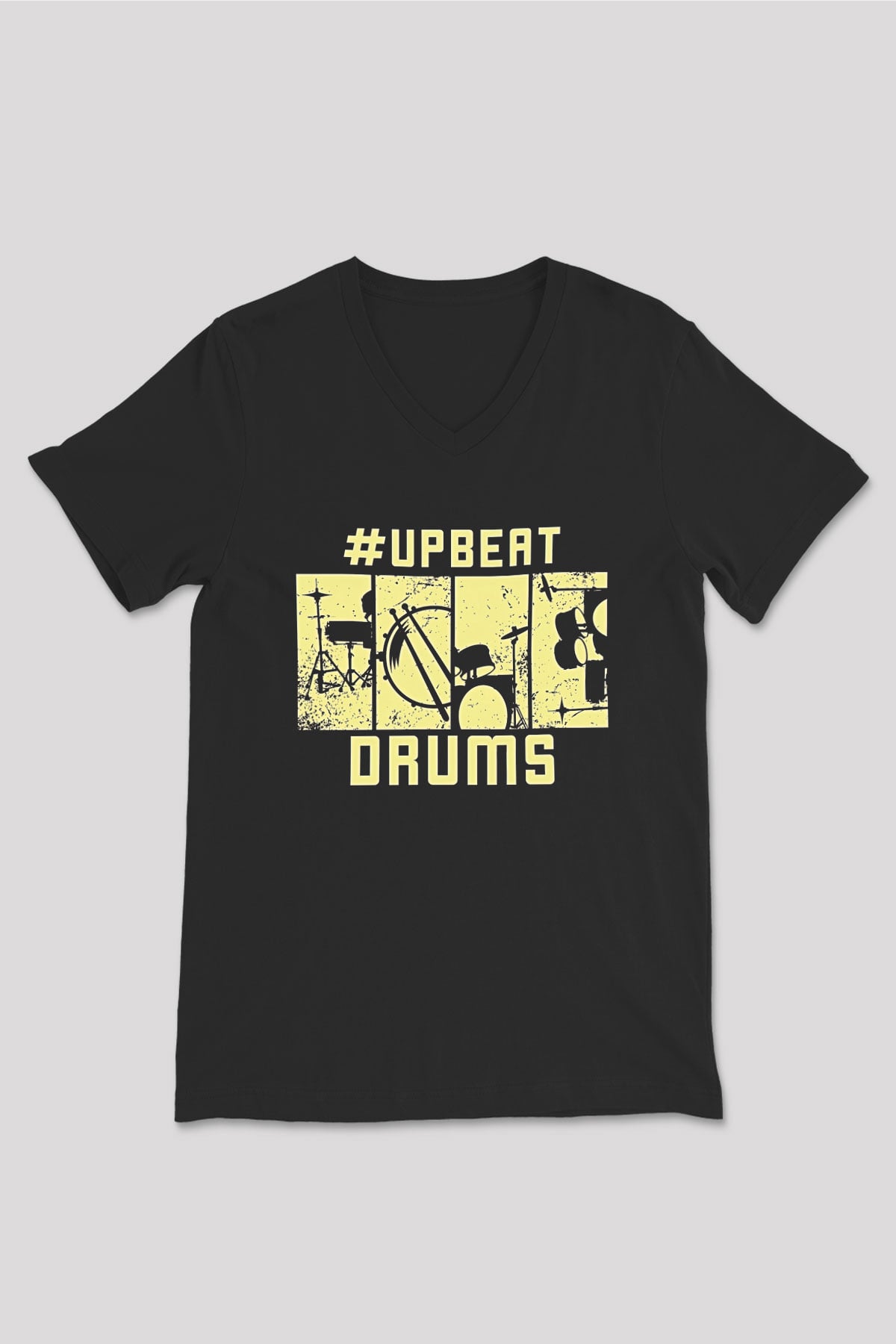Bateri Baskılı Unisex Siyah V Yaka Tişört - Tshirt